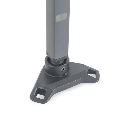 Close-up of a gray canopy tent leg with a sturdy plastic foot base, featuring two anchor holes for staking, shown against a plain white background.