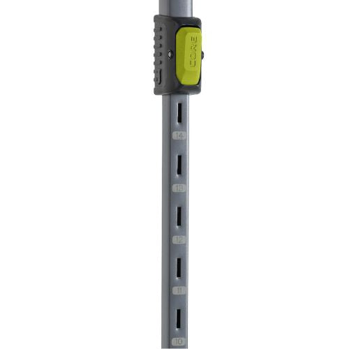 Close-up of a gray canopy tent leg showing the adjustable height mechanism, with multiple evenly spaced slots and a green push-button latch used to lock the leg at different height settings, against a plain white background.
