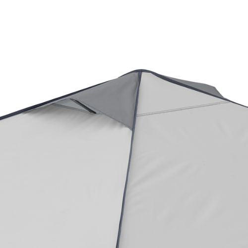 Close-up of a gray canopy tent roof peak with a built-in ventilation opening, showing overlapping fabric panels that allow airflow while maintaining coverage, against a plain white background.