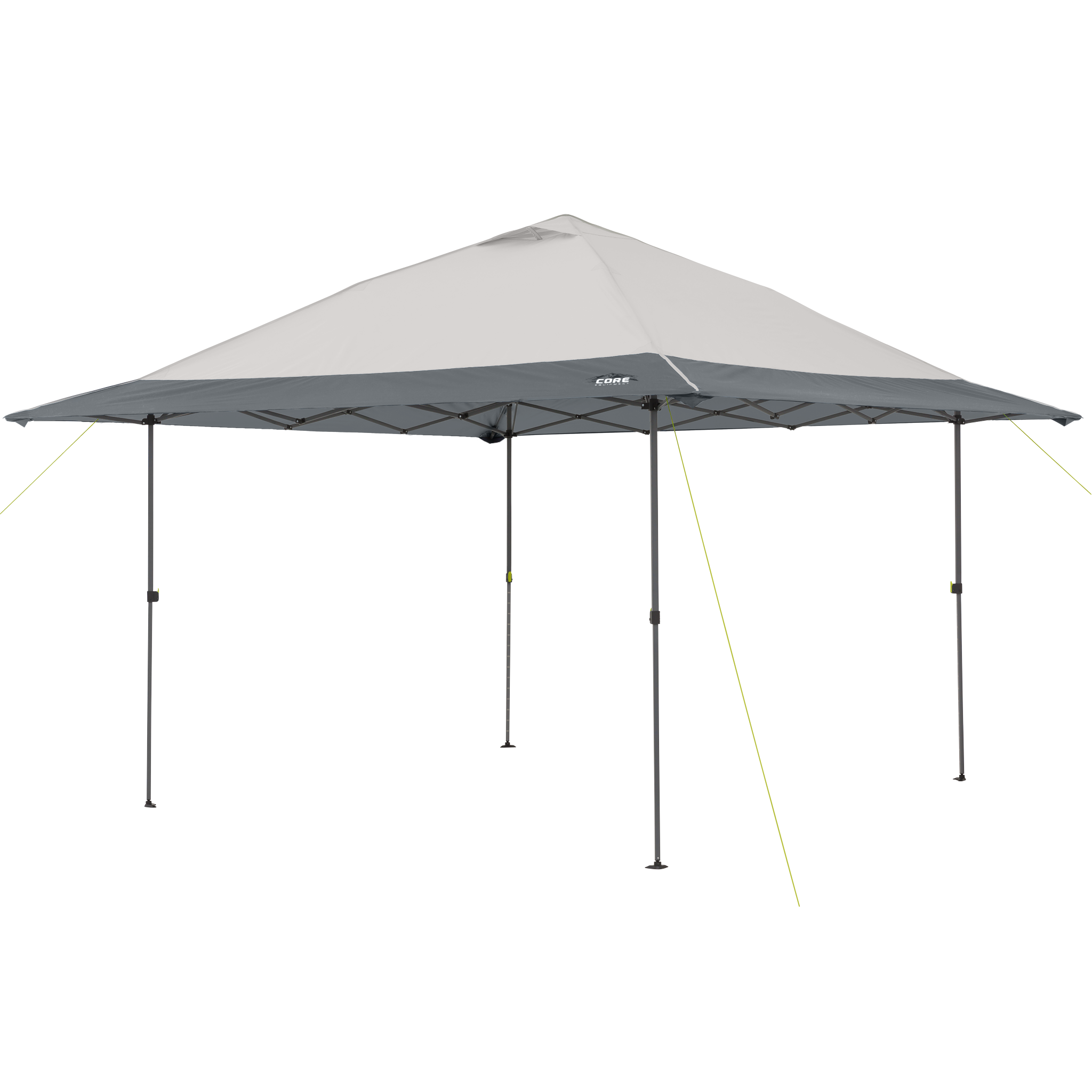 A large, dark, and light gray 13 ft x 13 ft CENTER PUSH pop-up canopy tent with four gray legs and angled support guylines attached to each corner.