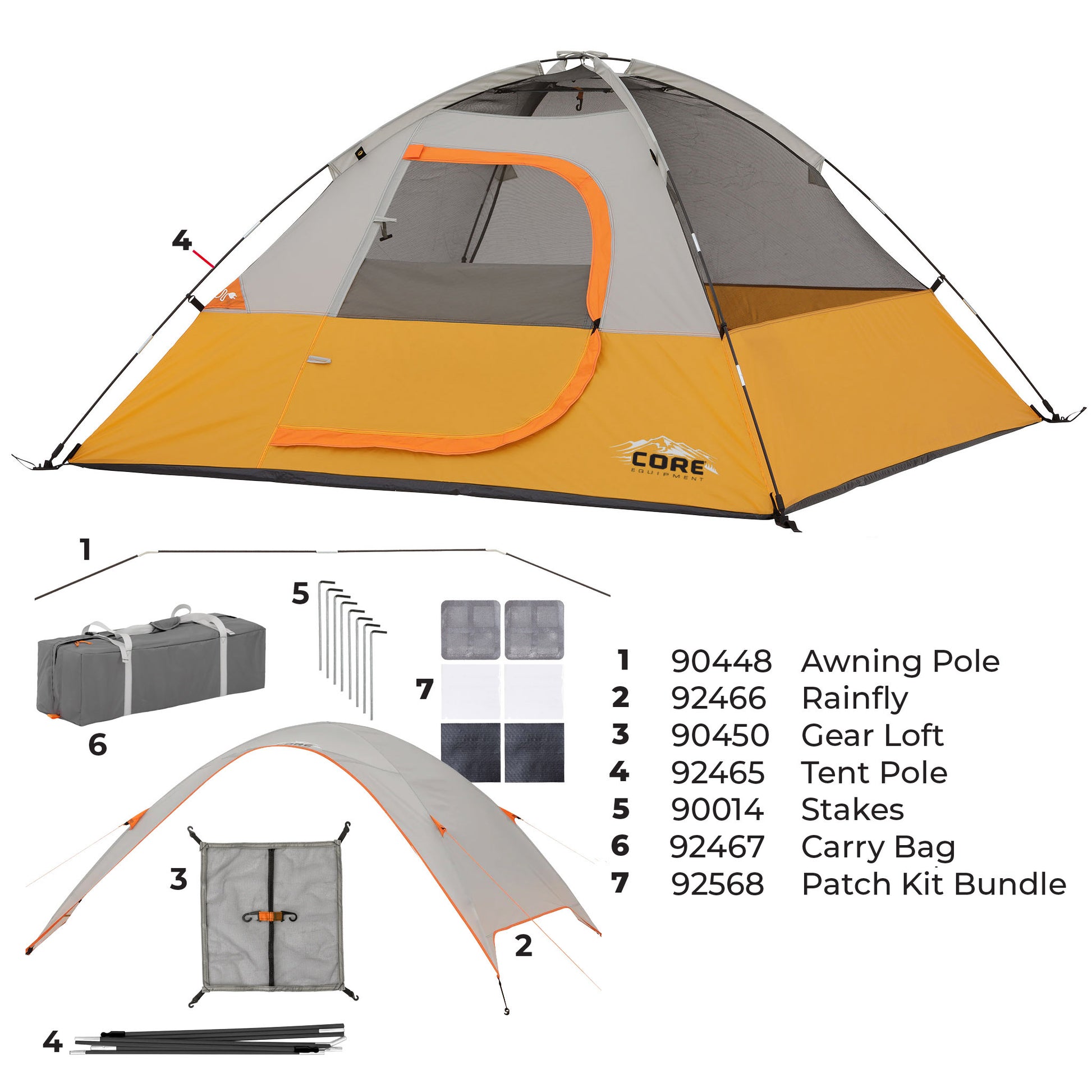 Labeled diagram of 3 person tent parts