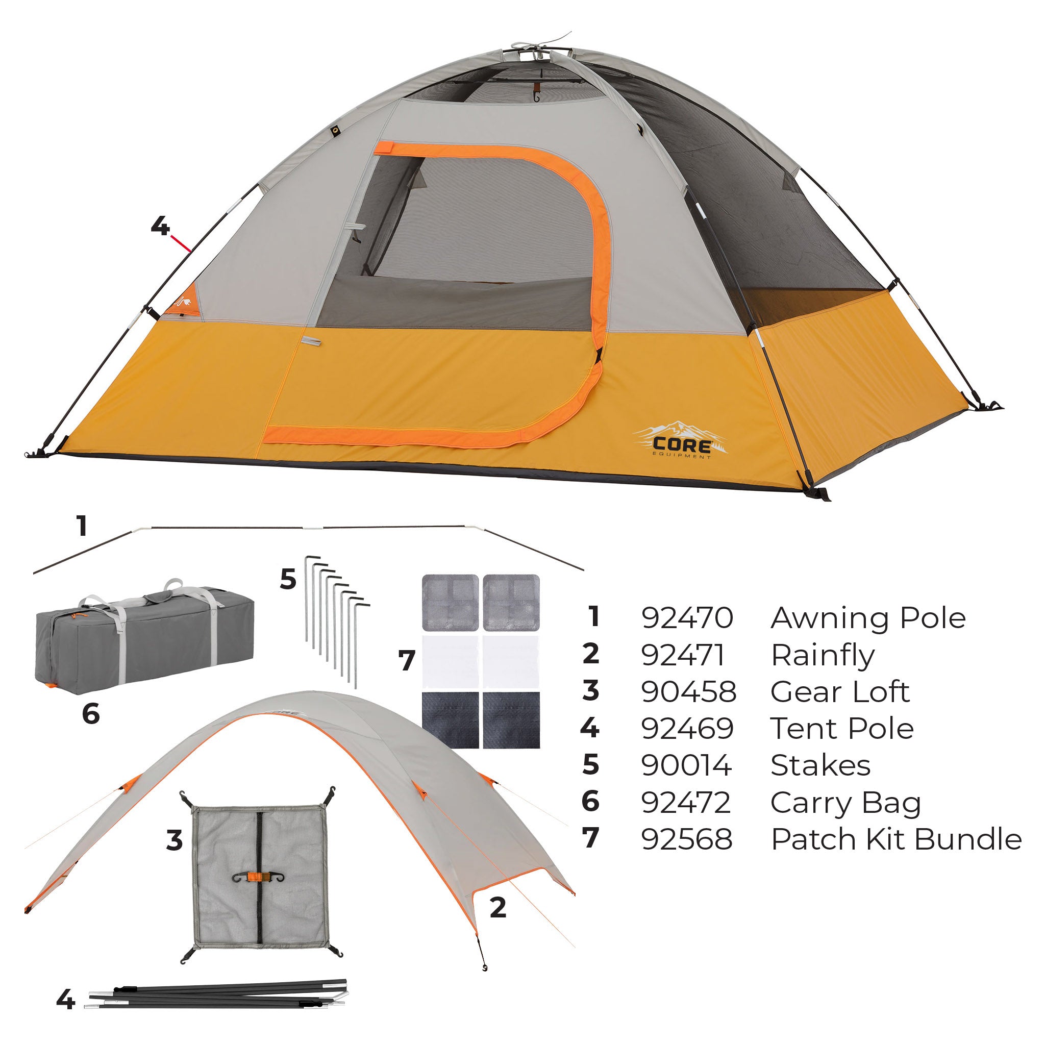Labeled diagram of 4 person dome tent parts