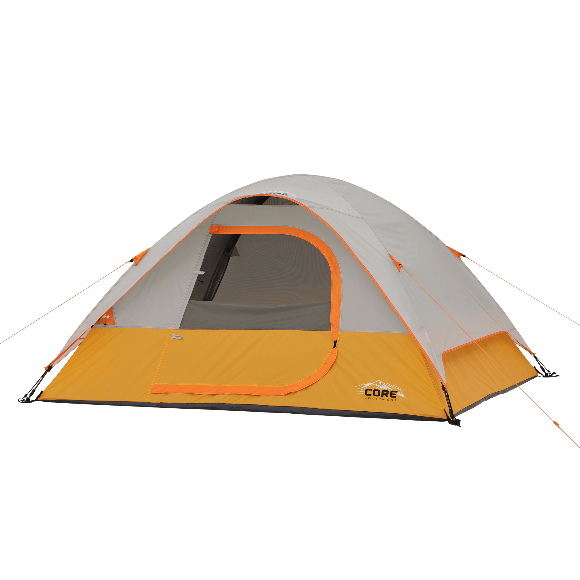 The CORE 4 Person Dome outdoor camping tent has a orange base, gray rainfly, zippered front door, mesh window, and "CORE" branding on the bottom right. It is set up on a flat surface.