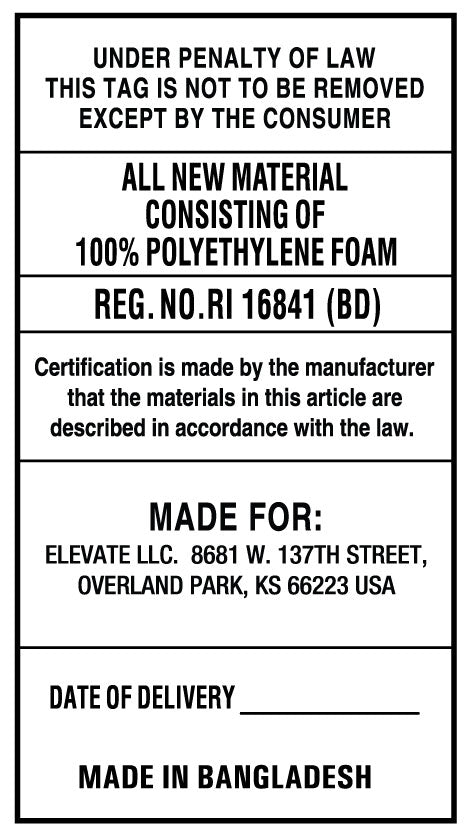 A white CORE product tag shows legal info about the filling: "100% polyethylene foam," manufacturer certification, US company address, registration number, and "Made in Bangladesh.