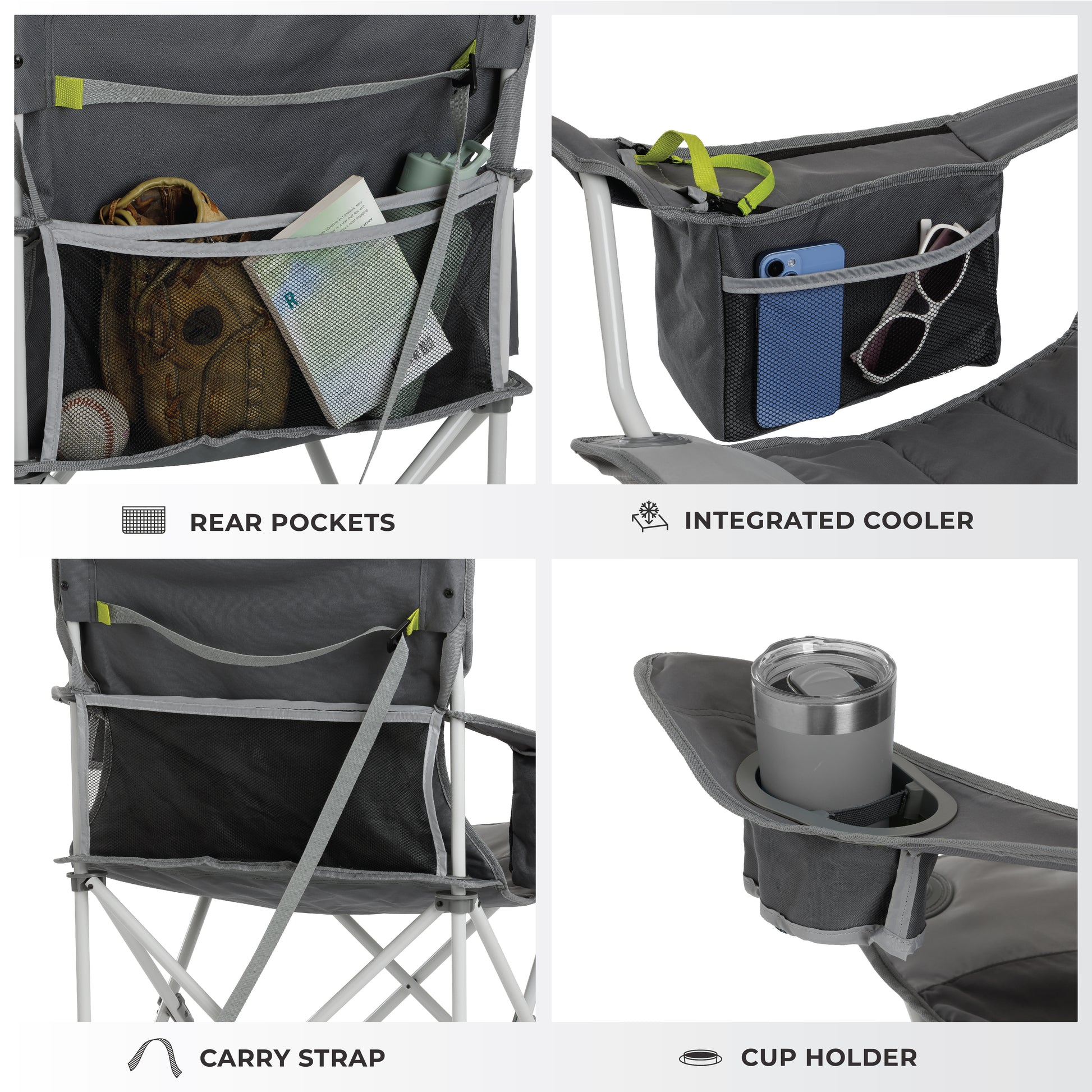 Collage of the CORE gray folding camping chair featuring rear mesh pockets, an integrated side cooler with mesh pockets, a carry strap, and a cup holder in the armrest, ideal for outdoor adventures.