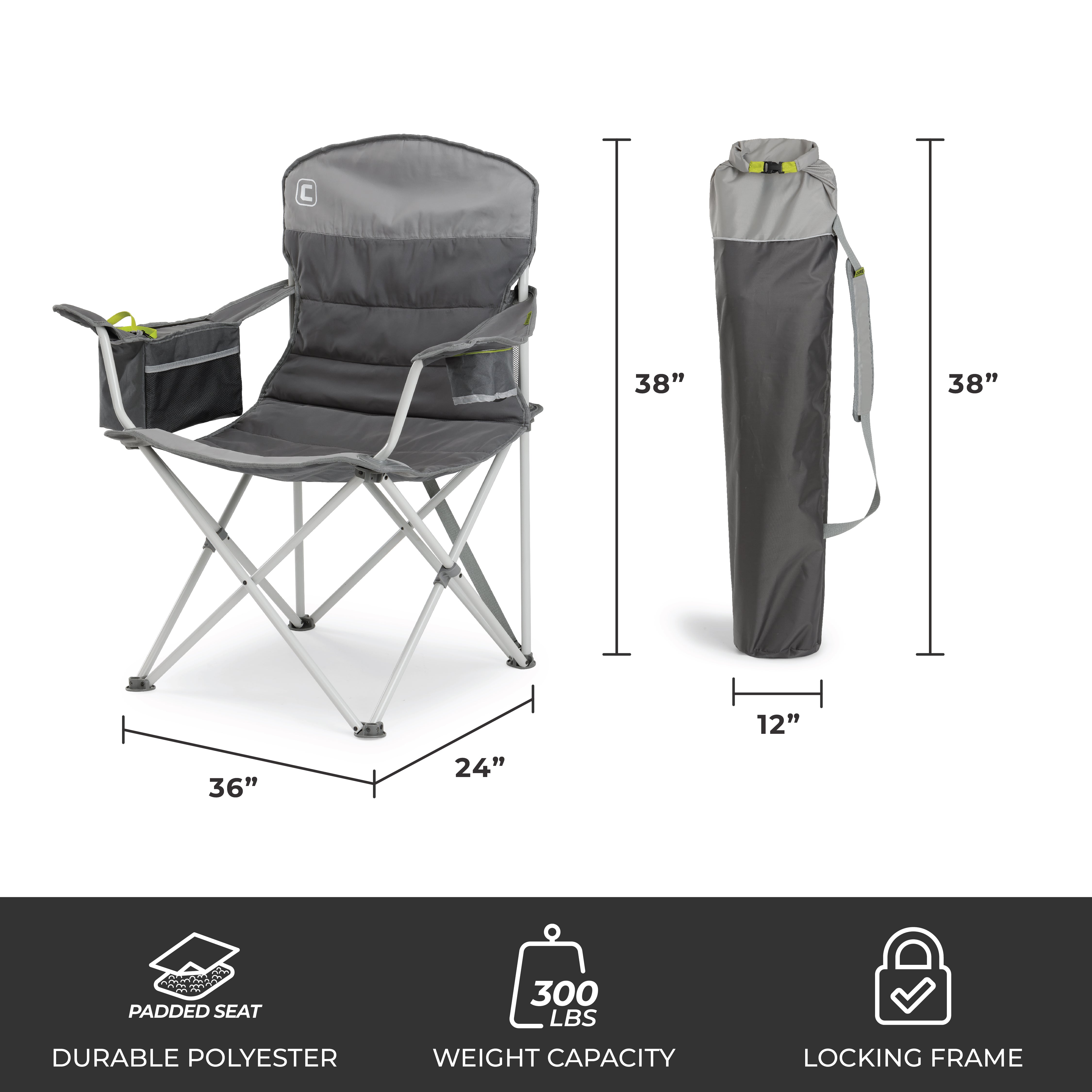 The CORE folding quad camping chair features a padded seat, cup holder, and armrest with a built in cooler, ideal for outdoor adventures. Shown open (36"x24"x38") and packed in a 38"x12" bag. Durable polyester, 300 lb capacity, locking frame.
