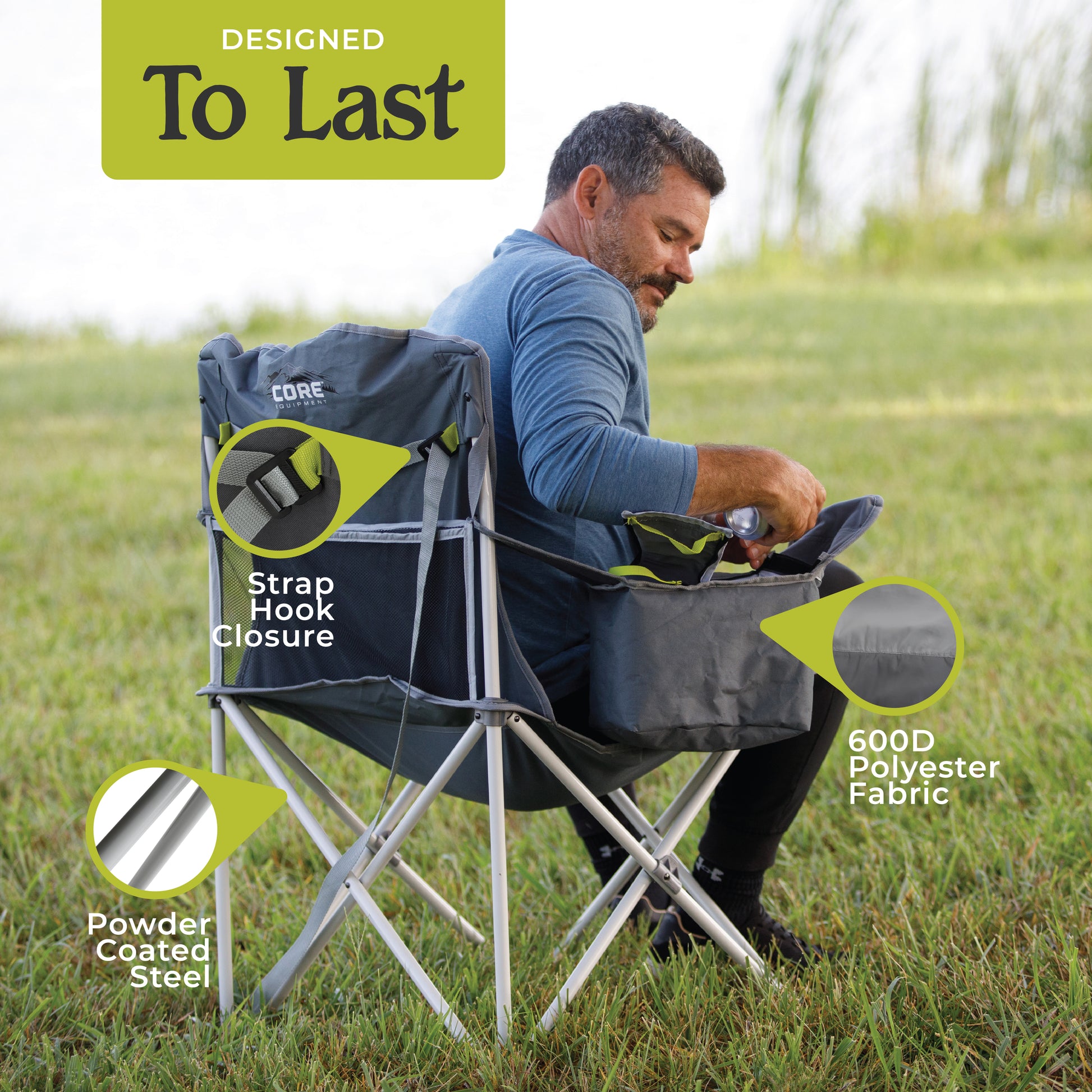 A man enjoys the outdoors seated on a CORE foldable cooler quad camping chair featuring labeled strap hook closure for carrying the chair, 600D polyester fabric, and powder-coated steel. He retrieves an item from the chair’s scooler.