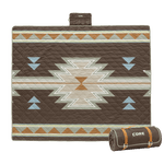 Desert Mosaic patterned weighted camp blanket laid out with it rolled up next to it.