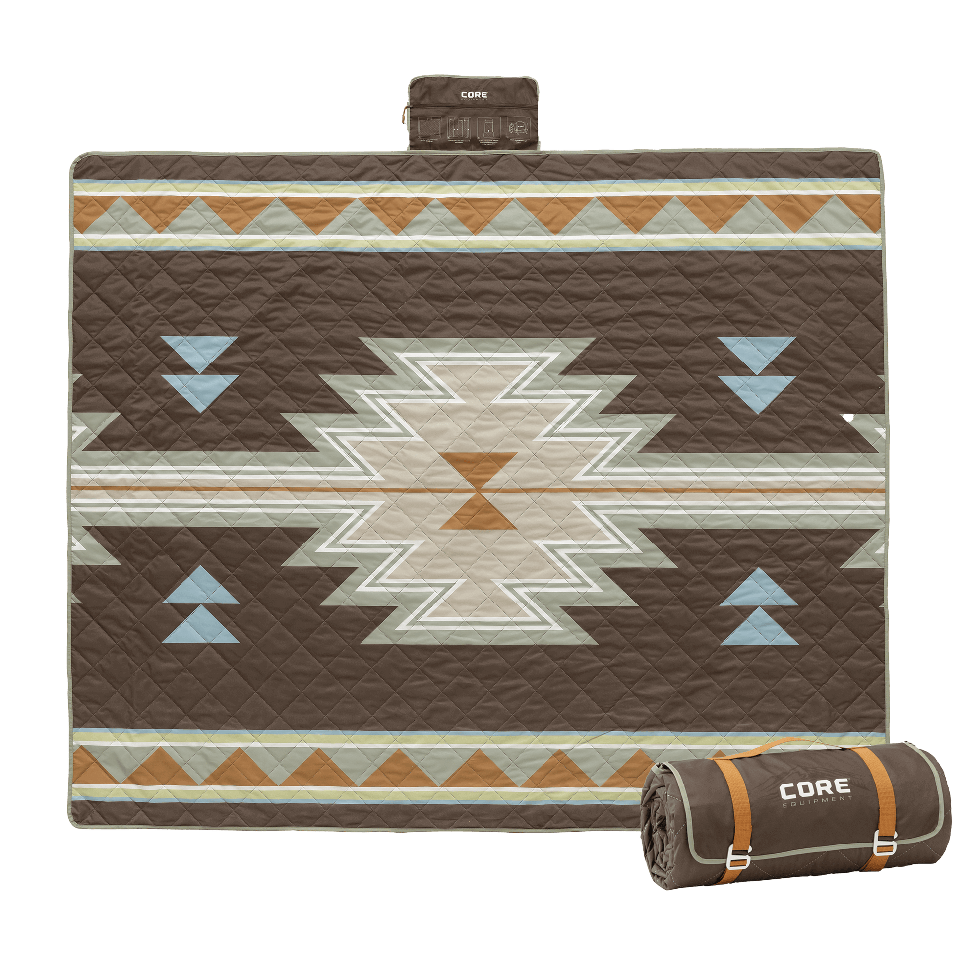 Desert Mosaic patterned weighted camp blanket laid out with it rolled up next to it.