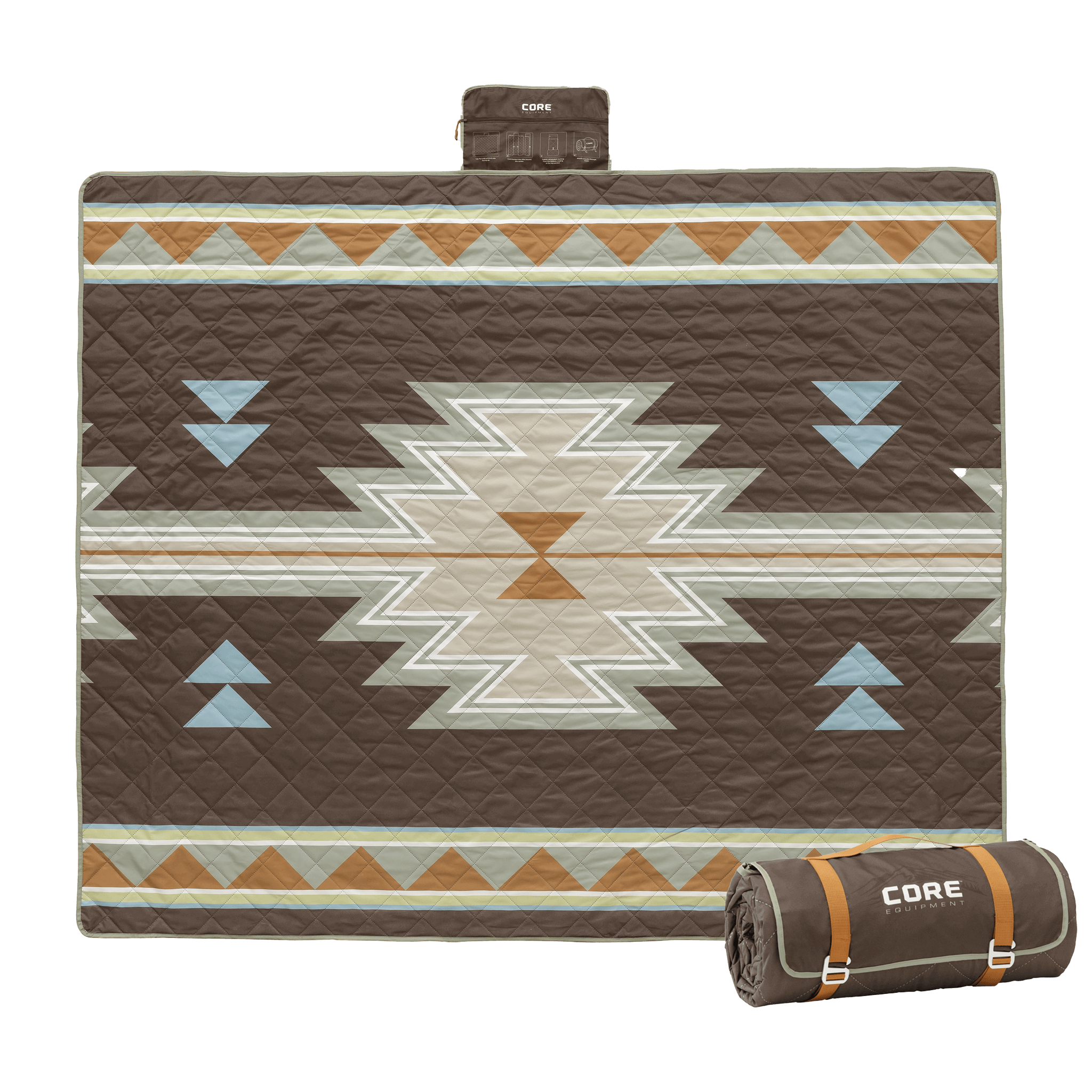 Desert Mosaic patterned weighted camp blanket laid out with it rolled up next to it.