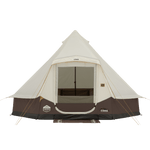 The CORE 6 person bell camping tent features a beige and brown, cone-shaped design with an open front door, small triangular awning, mesh door, guy lines, and the CORE logo on the front—ideal for your next outdoor adventure.