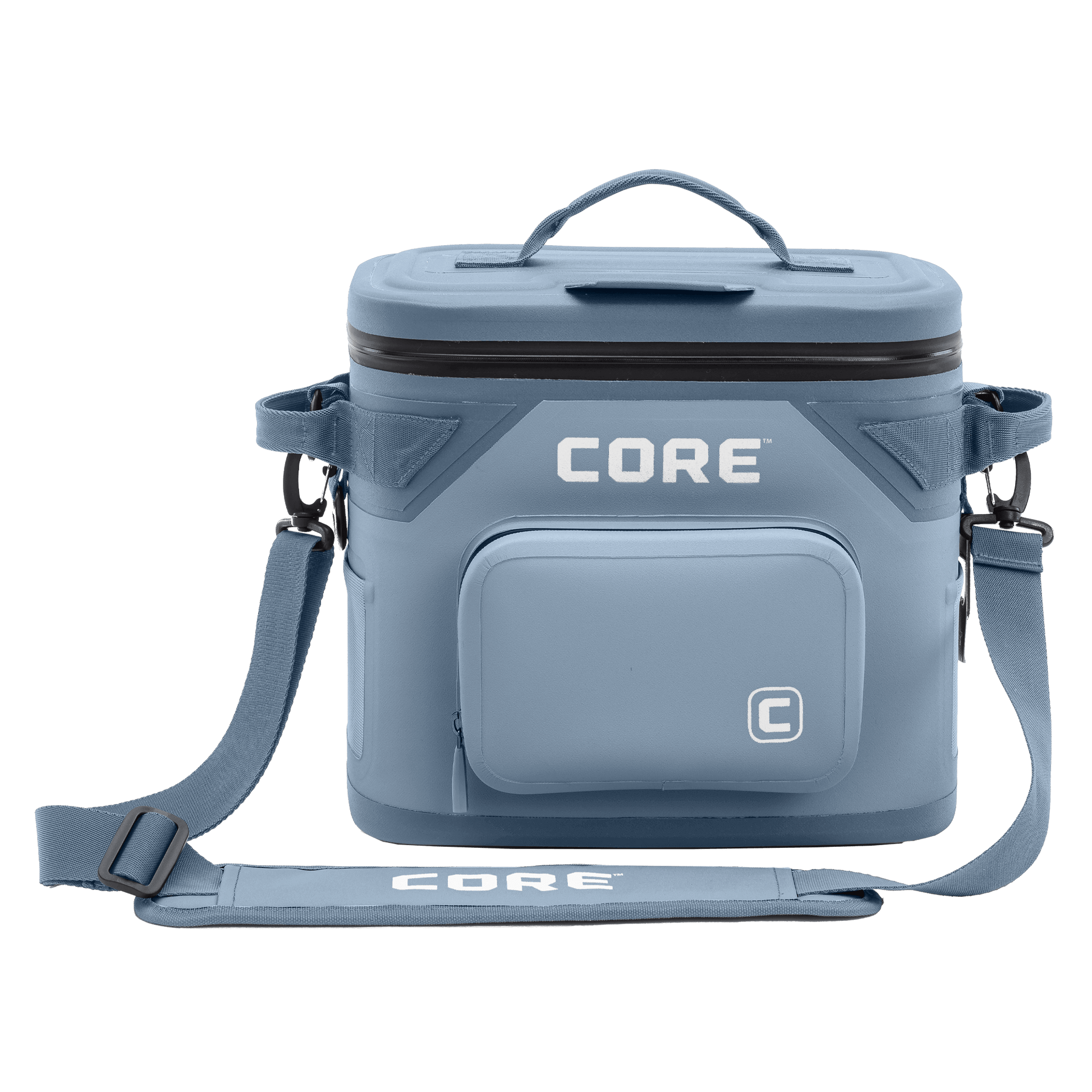 The CORE Climakeep 12 Can Soft Cooler in Steel Blue features a zippered top, front pocket, side attachments, and an adjustable shoulder strap, ideal for camping or outdoor adventures, shown against a plain background.