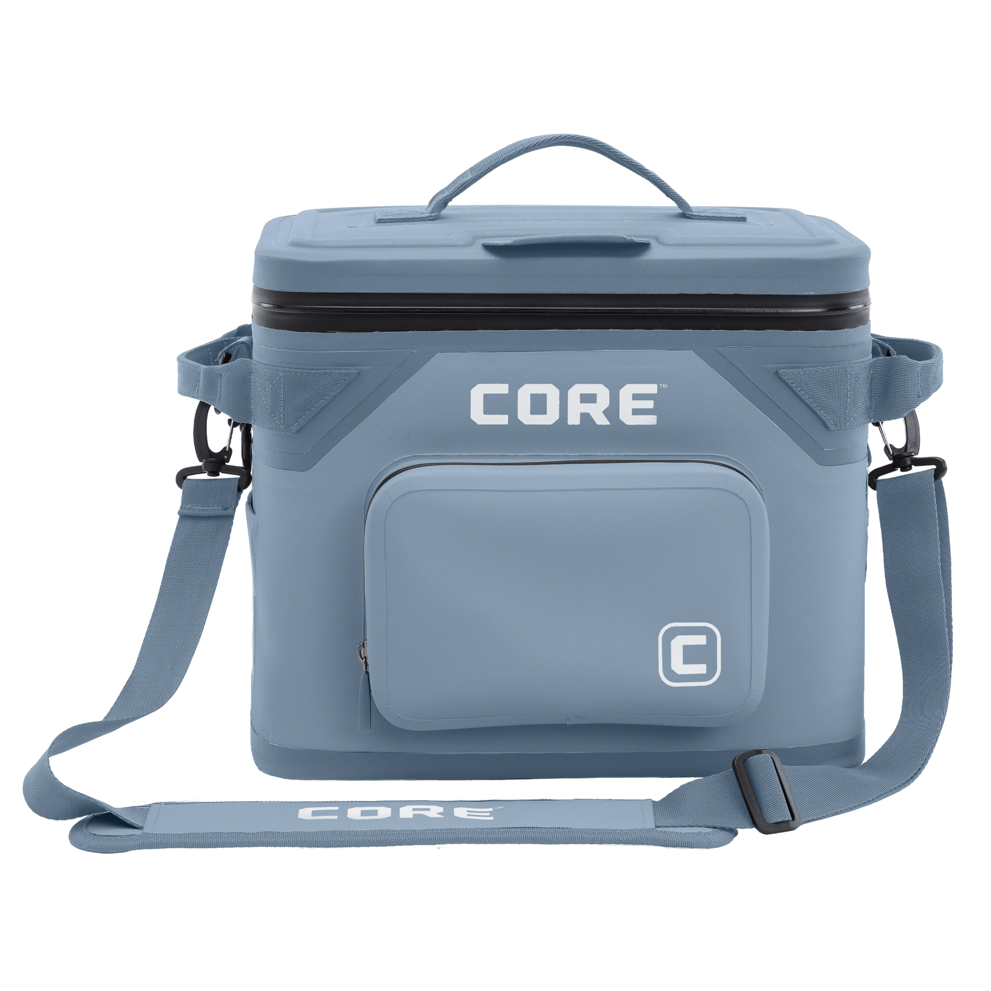 The CORE Climakeep 18 Can Soft Cooler in Steel Blue features a zippered top, front pocket, side attachments, and an adjustable shoulder strap, ideal for camping or outdoor adventures, shown against a plain background.