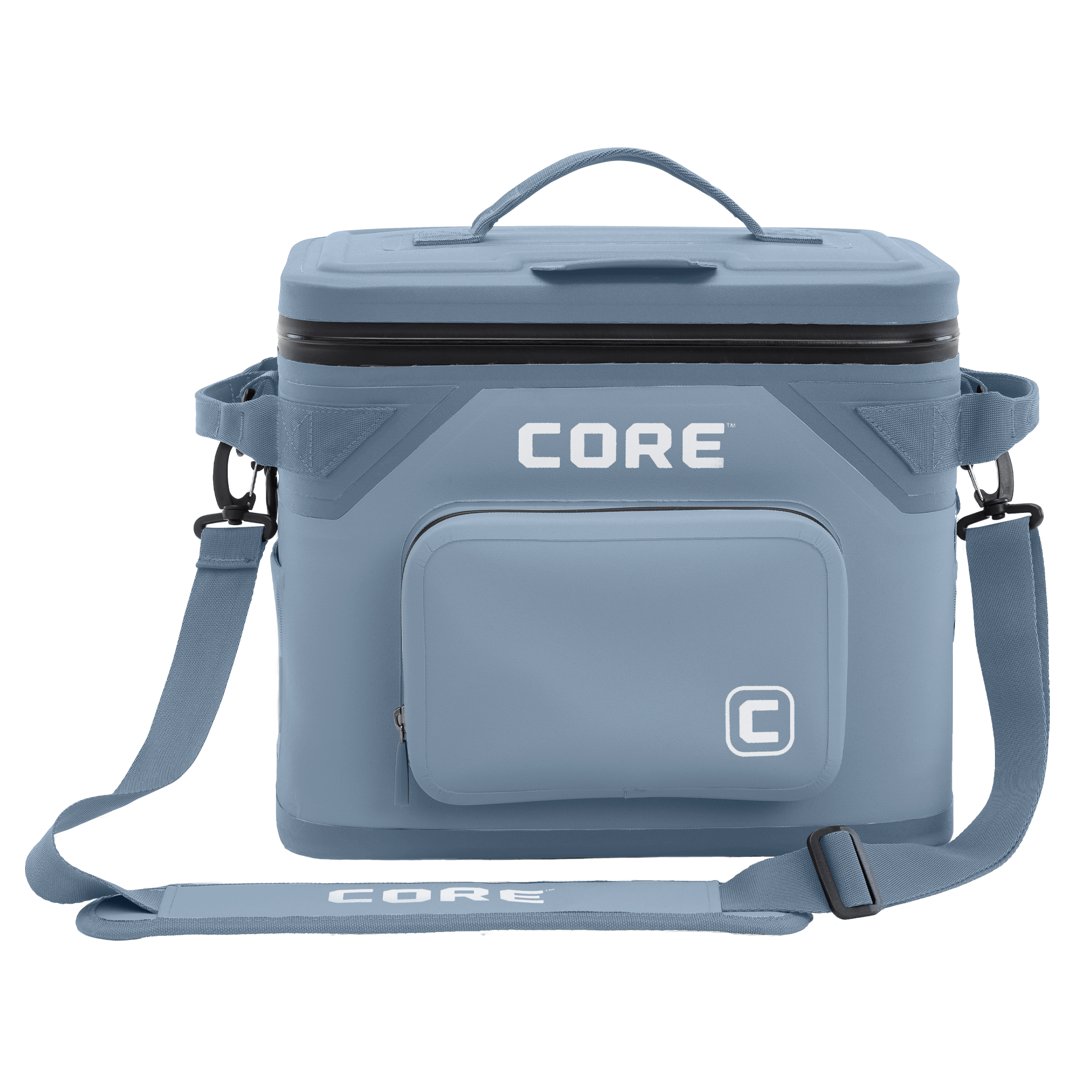 The CORE Climakeep 18 Can Soft Cooler in Steel Blue features a zippered top, front pocket, side attachments, and an adjustable shoulder strap, ideal for camping or outdoor adventures, shown against a plain background.