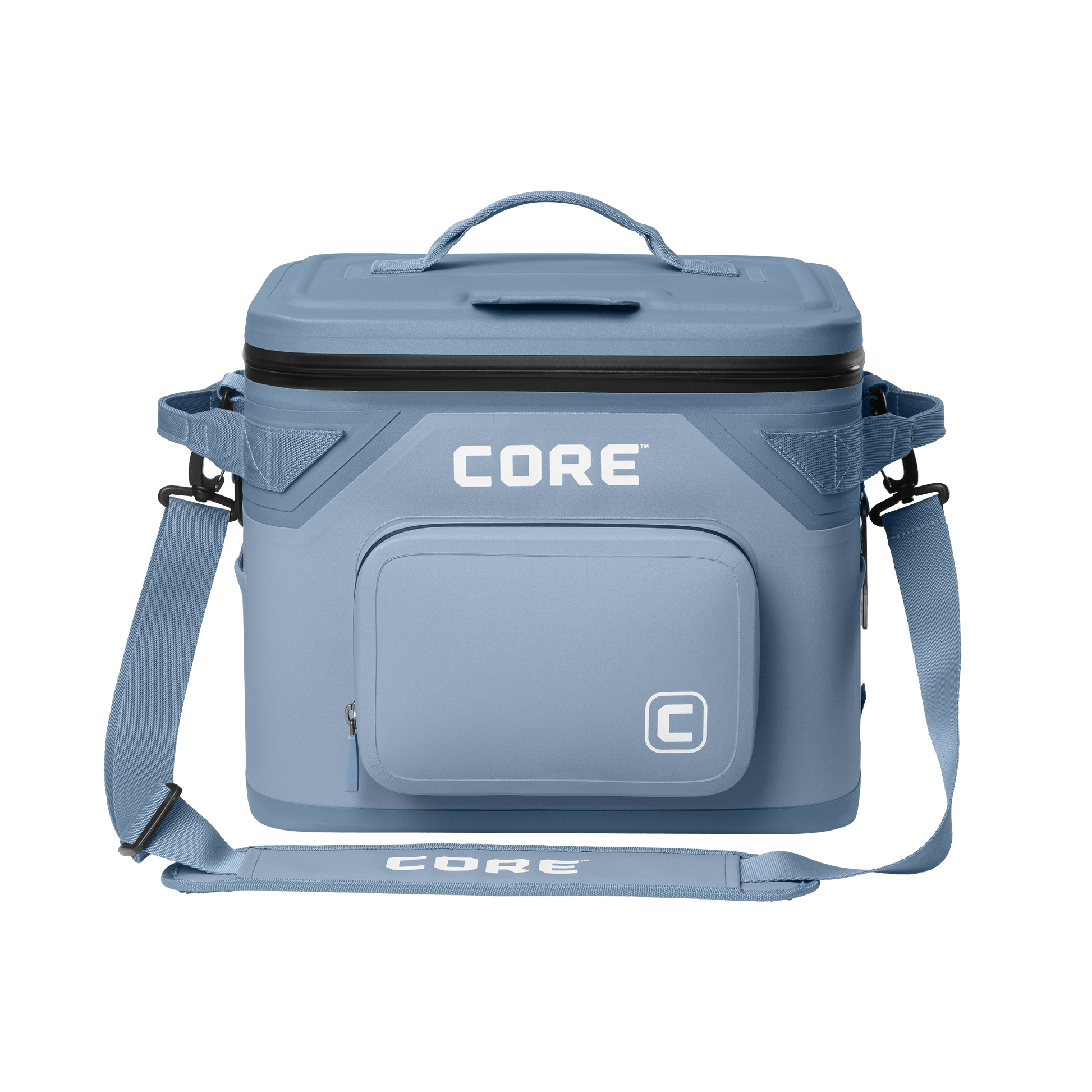 CORE Climakeep 18 can cooler front view in steel blue with a waterproof design and a shoulder strap.