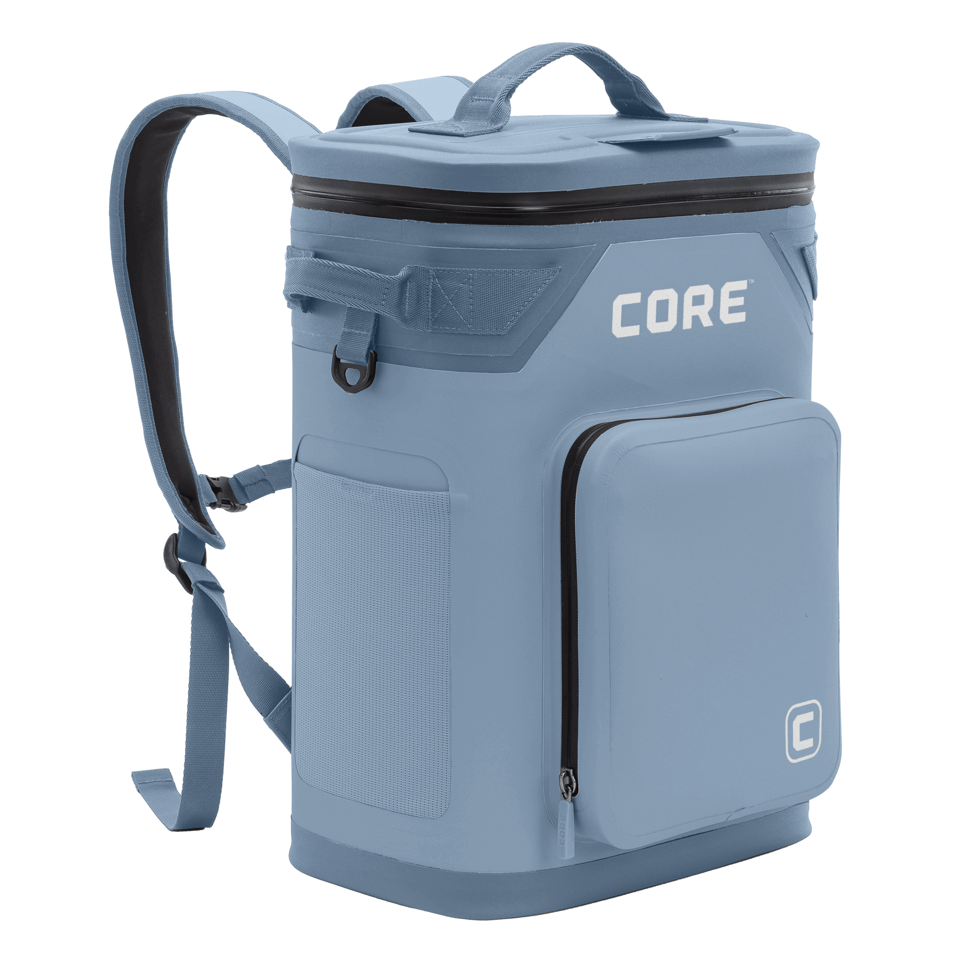 The CORE Climakeep Soft Cooler 24 can backpack in Steel Blue features backpack straps, top handle, front zippered pocket, mesh side pocket, and the CORE brand name displayed on the front.