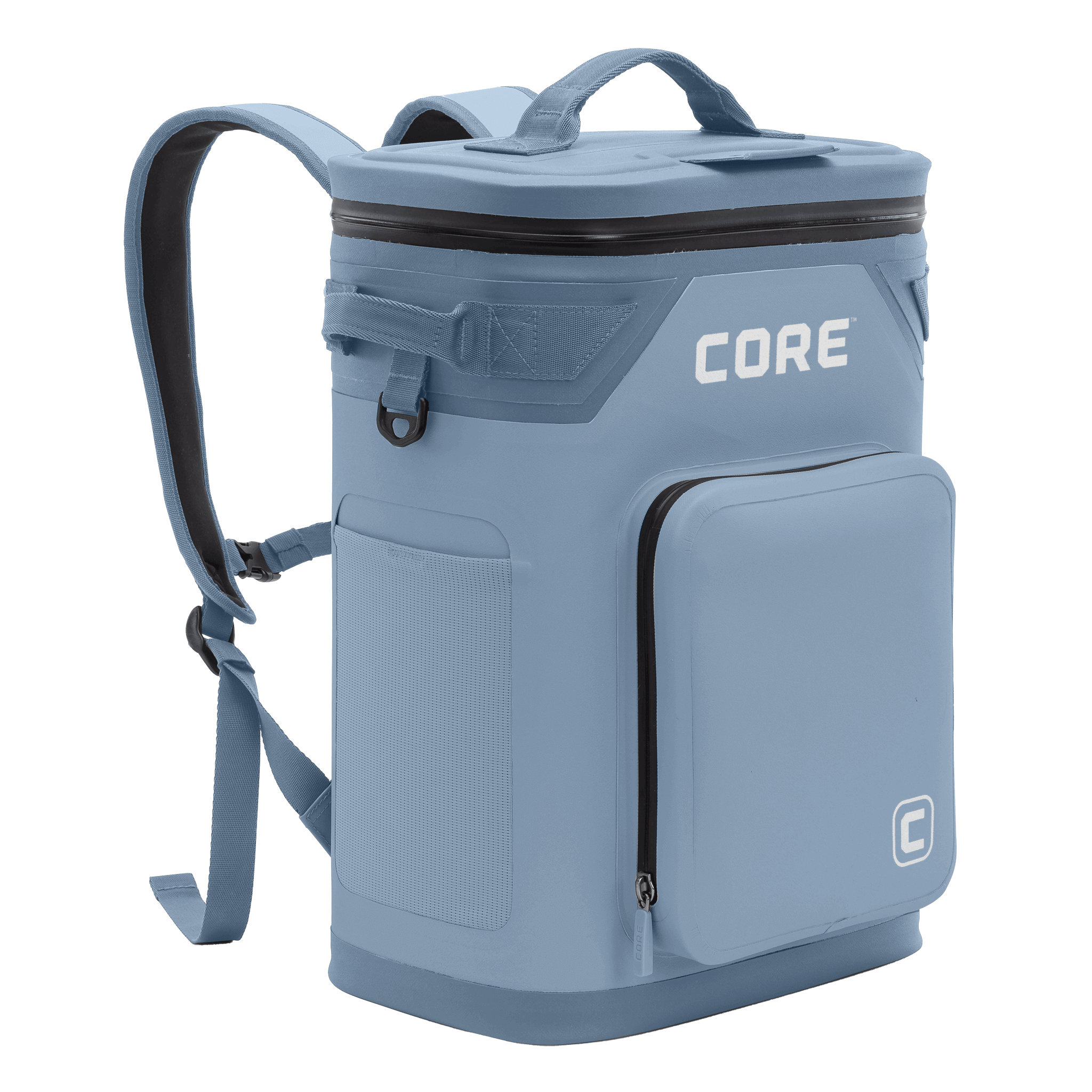 The CORE Climakeep Soft Cooler 24 can backpack in Steel Blue features backpack straps, top handle, front zippered pocket, mesh side pocket, and the CORE brand name displayed on the front.