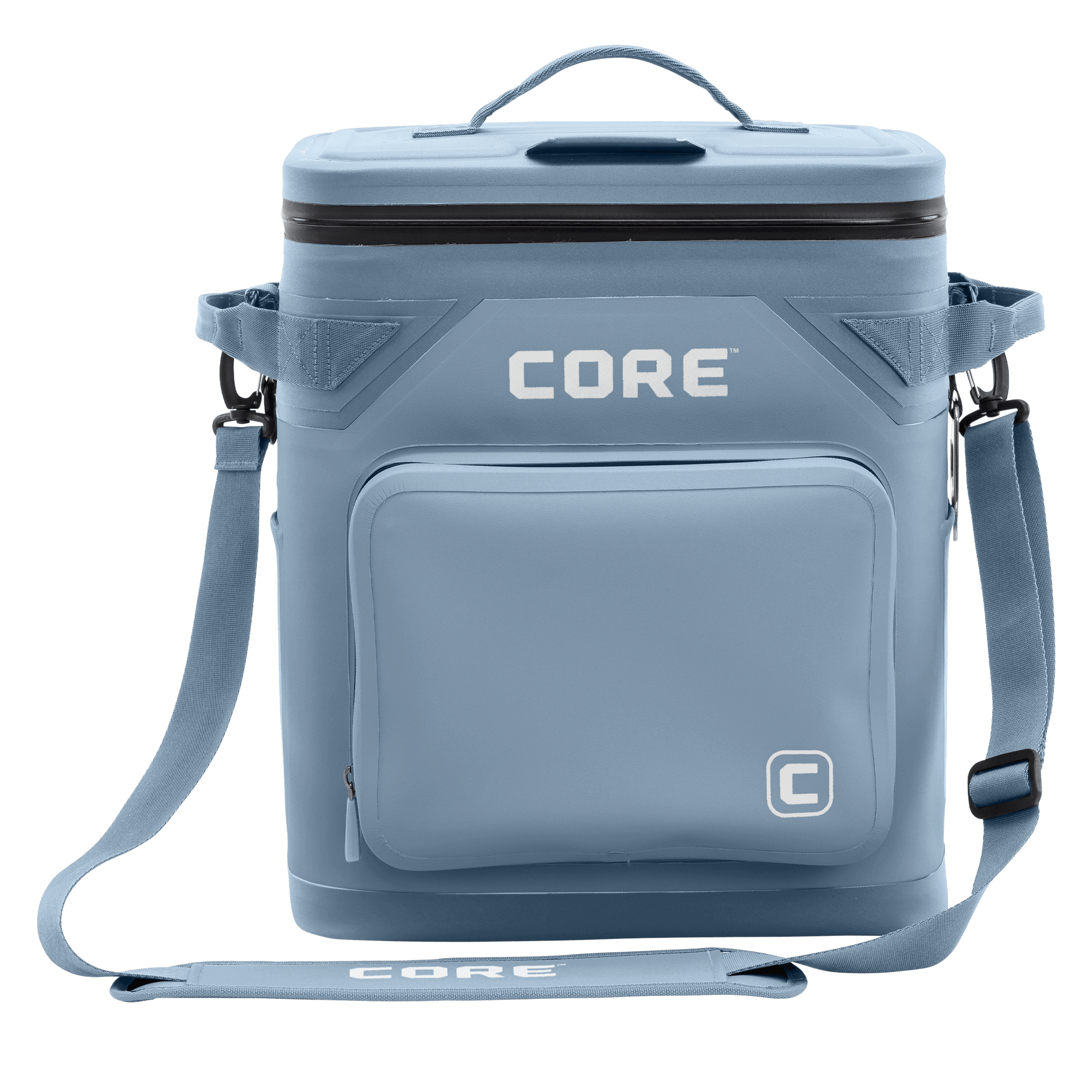The CORE Climakeep 36 Can Soft Cooler in Steel Blue features a zippered top, front pocket, side attachments, and an adjustable shoulder strap, ideal for camping or outdoor adventures, shown against a plain background.
