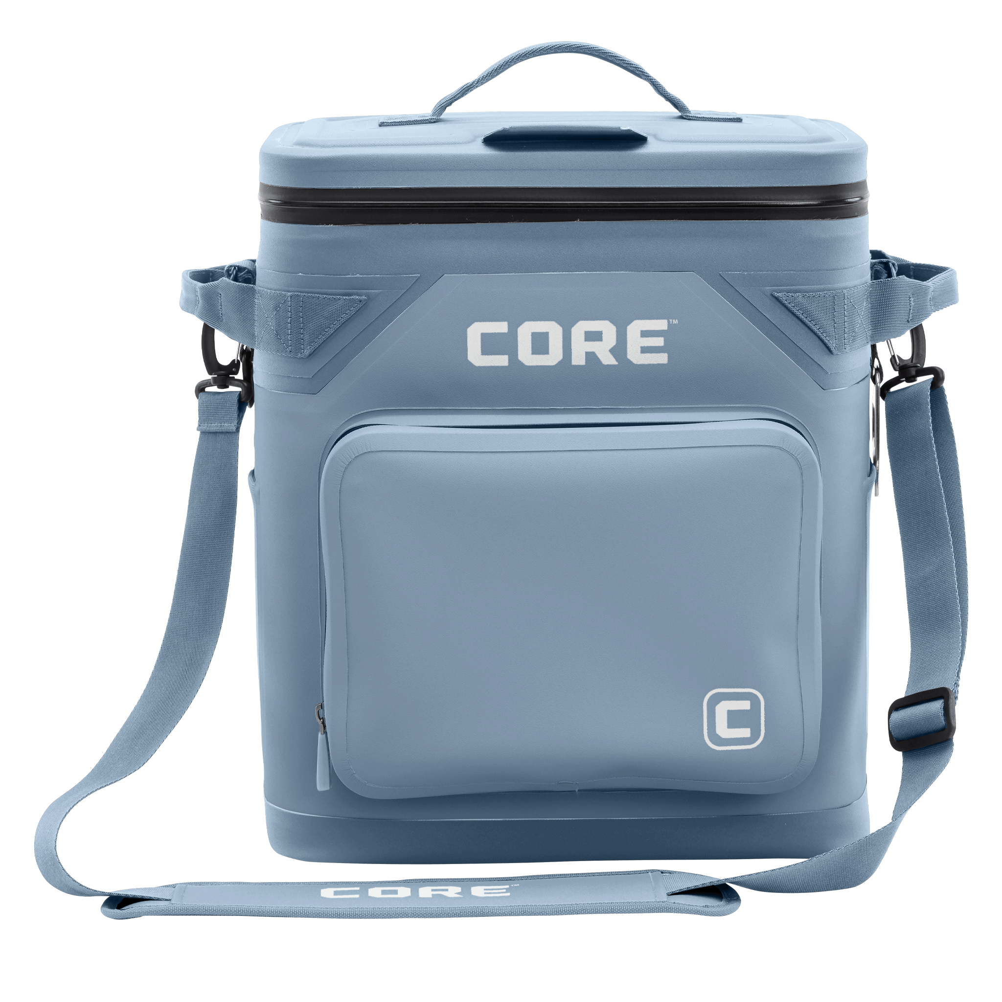 The CORE Climakeep 36 Can Soft Cooler in Steel Blue features a zippered top, front pocket, side attachments, and an adjustable shoulder strap, ideal for camping or outdoor adventures, shown against a plain background.