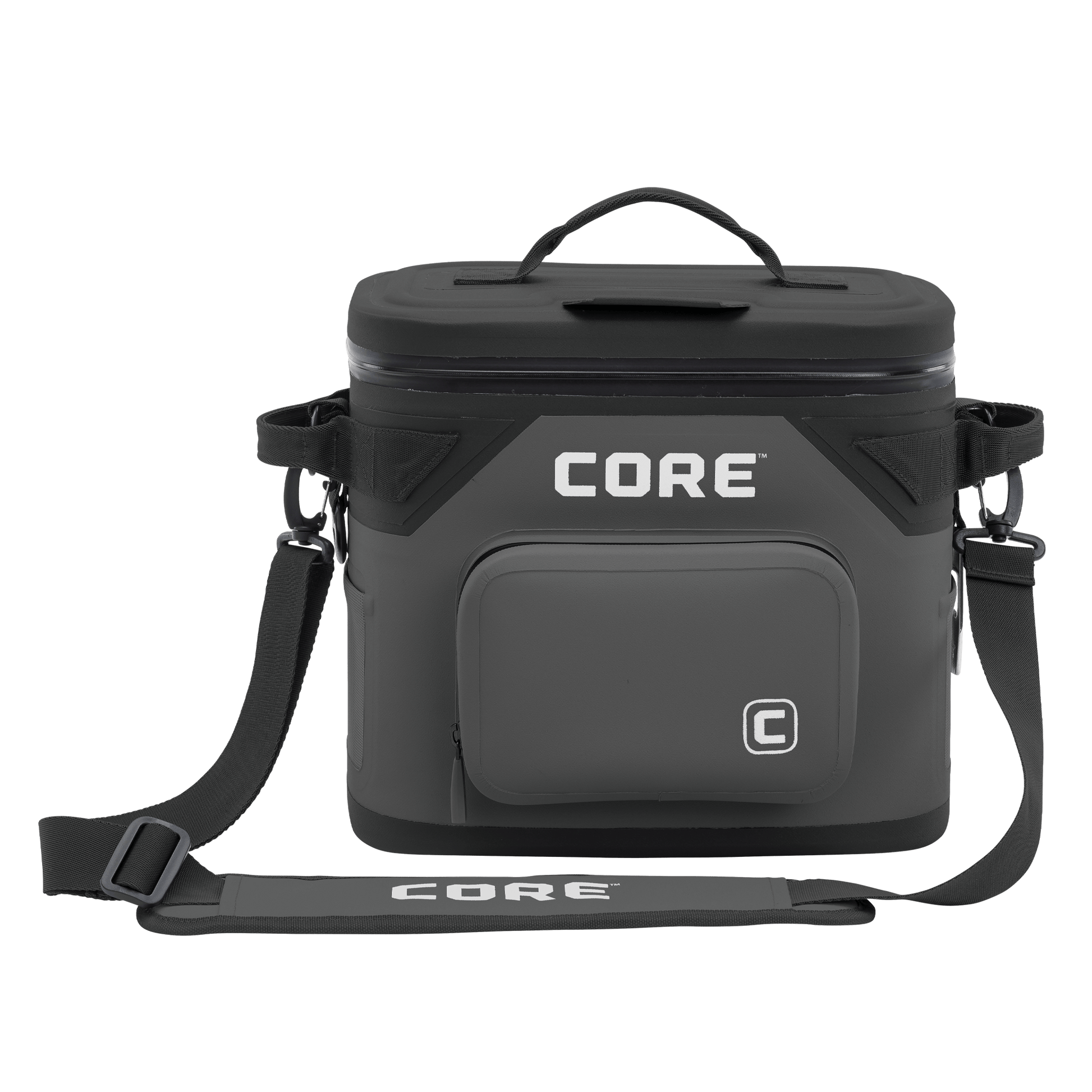 The CORE Climakeep 12 Can Soft Cooler in Charcoal features a zippered top, front pocket, side attachments, and an adjustable shoulder strap, ideal for camping or outdoor adventures, shown against a plain background.