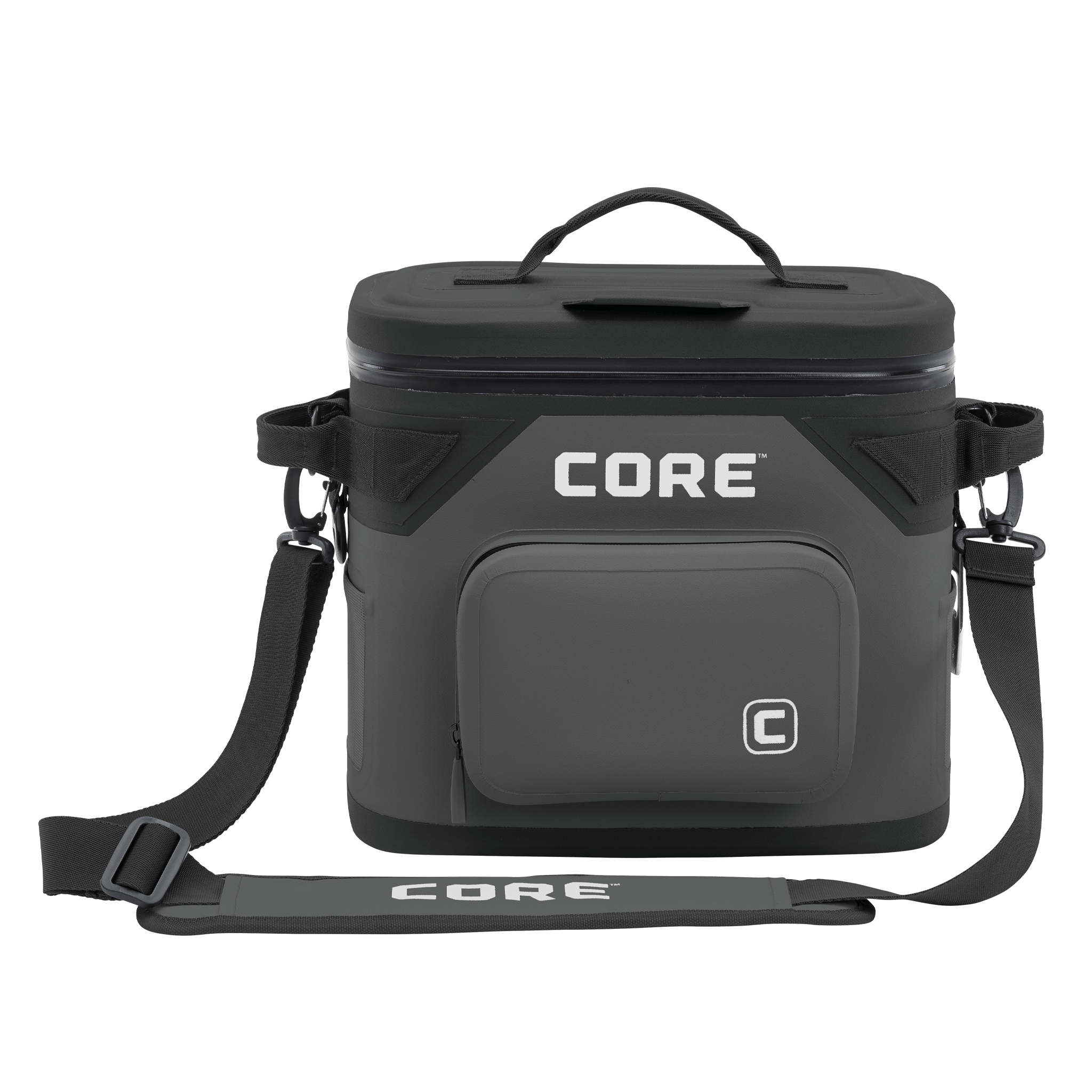 The CORE Climakeep 12 Can Soft Cooler in Charcoal features a zippered top, front pocket, side attachments, and an adjustable shoulder strap, ideal for camping or outdoor adventures, shown against a plain background.