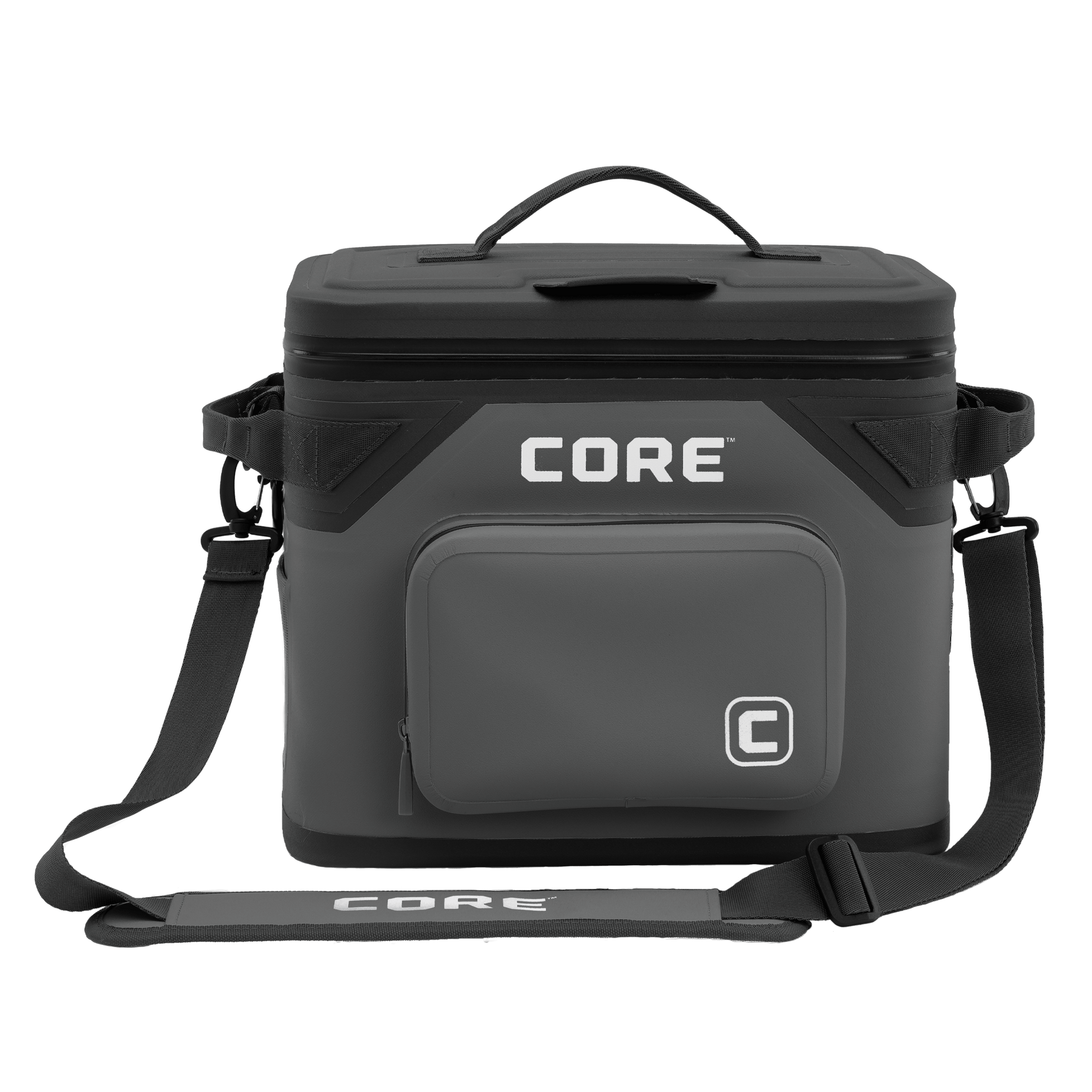 The CORE Climakeep 18 Can Soft Cooler in Charcoal features a zippered top, front pocket, side attachments, and an adjustable shoulder strap, ideal for camping or outdoor adventures, shown against a plain background.