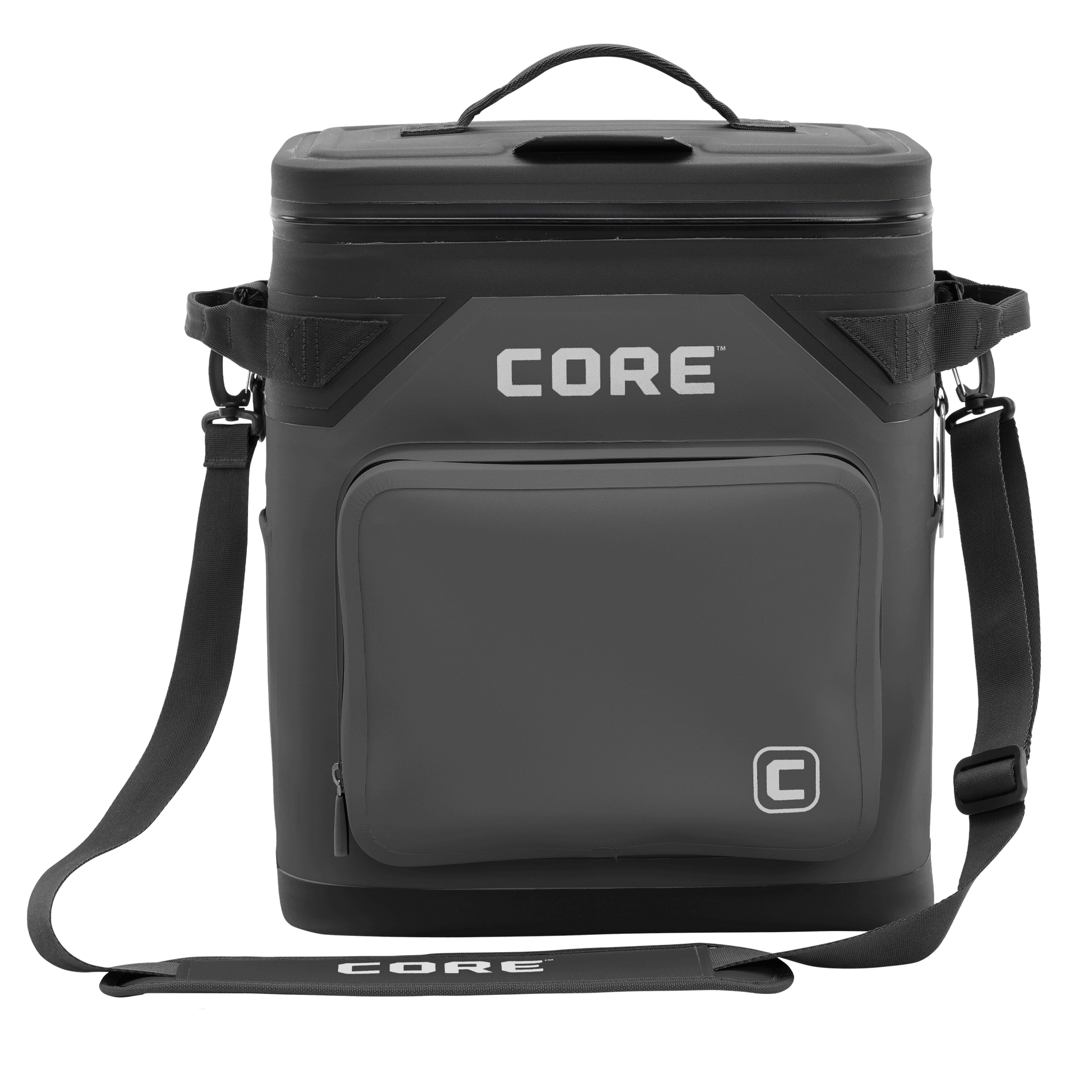 The CORE Climakeep 36 Can Soft Cooler in Charcoal features a zippered top, front pocket, side attachments, and an adjustable shoulder strap, ideal for camping or outdoor adventures, shown against a plain background.