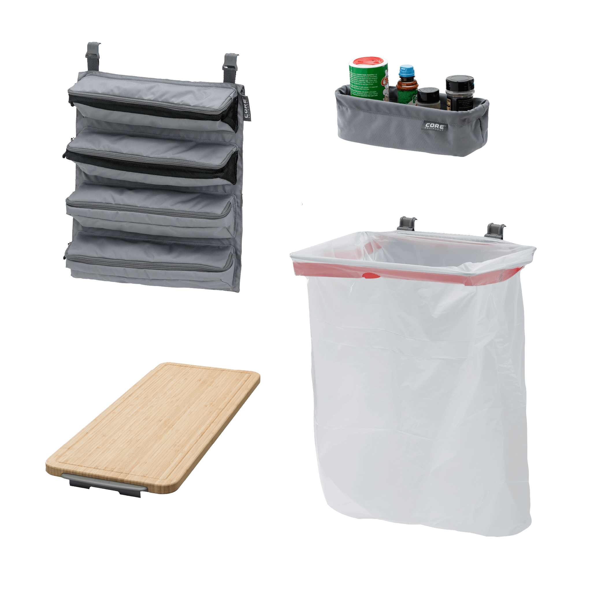 Collection of outdoor and camping accessories including a cutting board, utility basket, utility roll and trash bag holder.