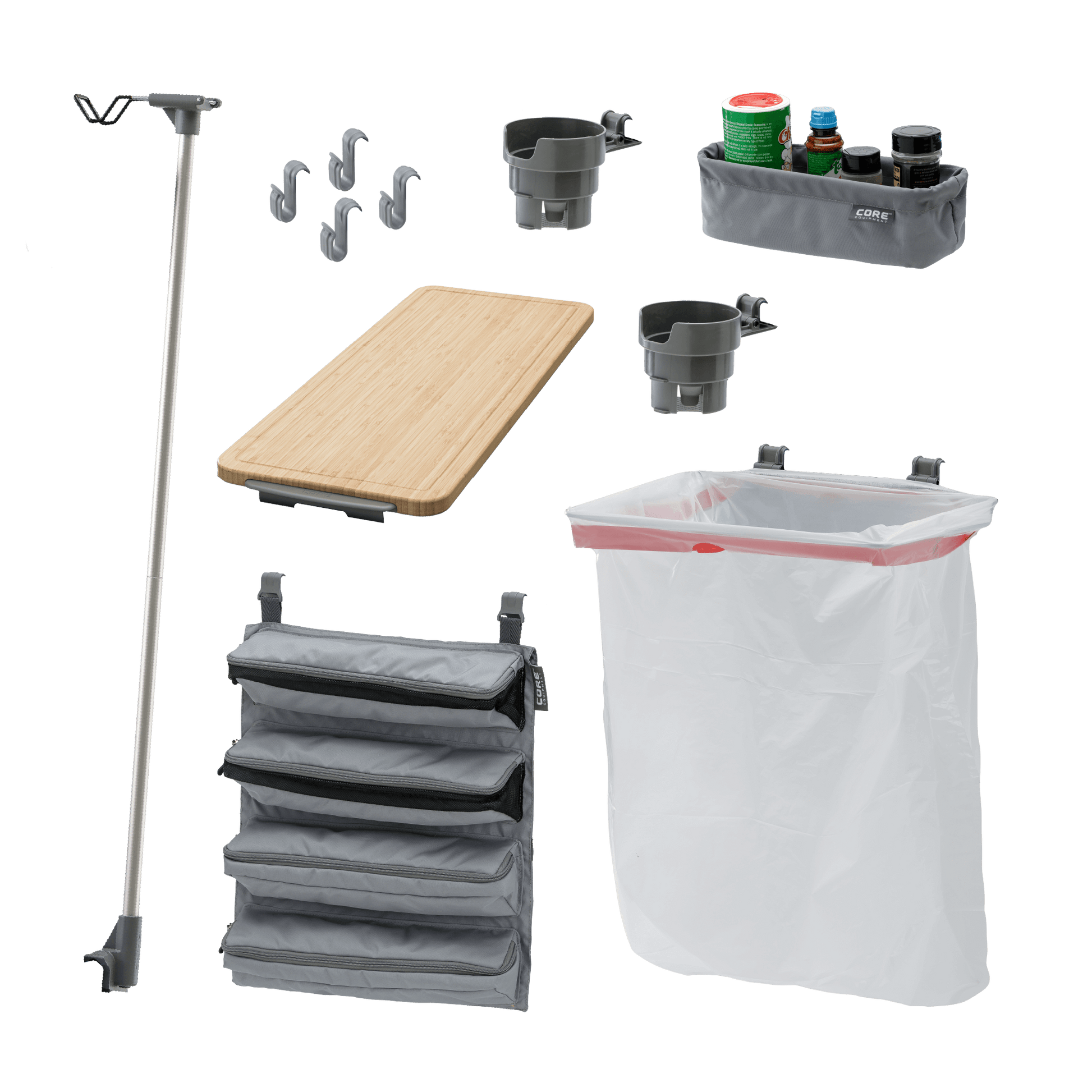 Collection of outdoor and camping accessories including a lantern holder, cutting board, utility basket, utility roll, trash bag holder, and two cup holders.