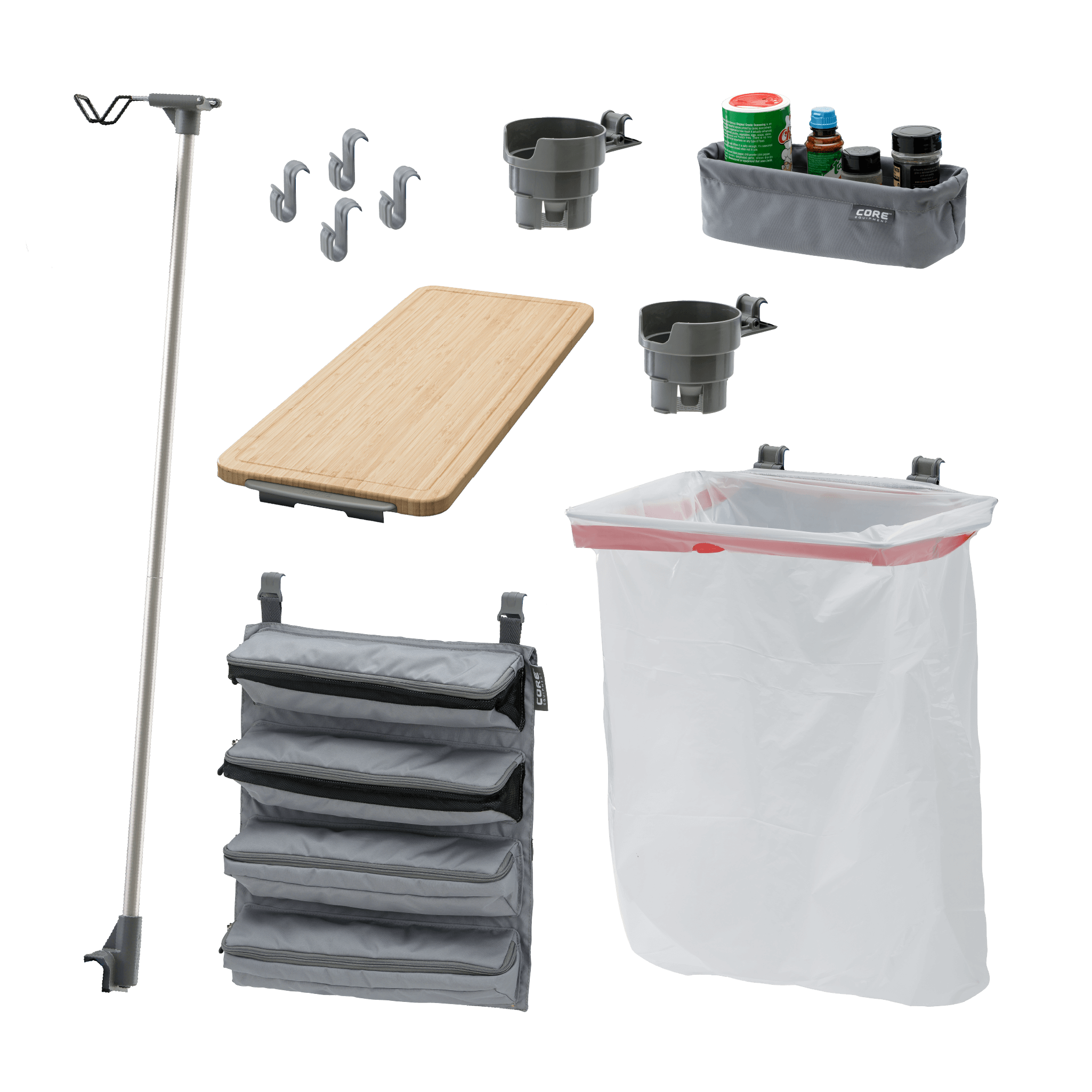 Collection of outdoor and camping accessories including a lantern holder, cutting board, utility basket, utility roll, trash bag holder, and two cup holders.