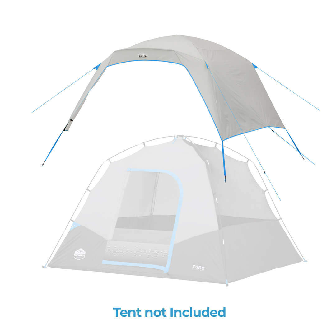 rainfly over grey tent with the text "Tent not included" 