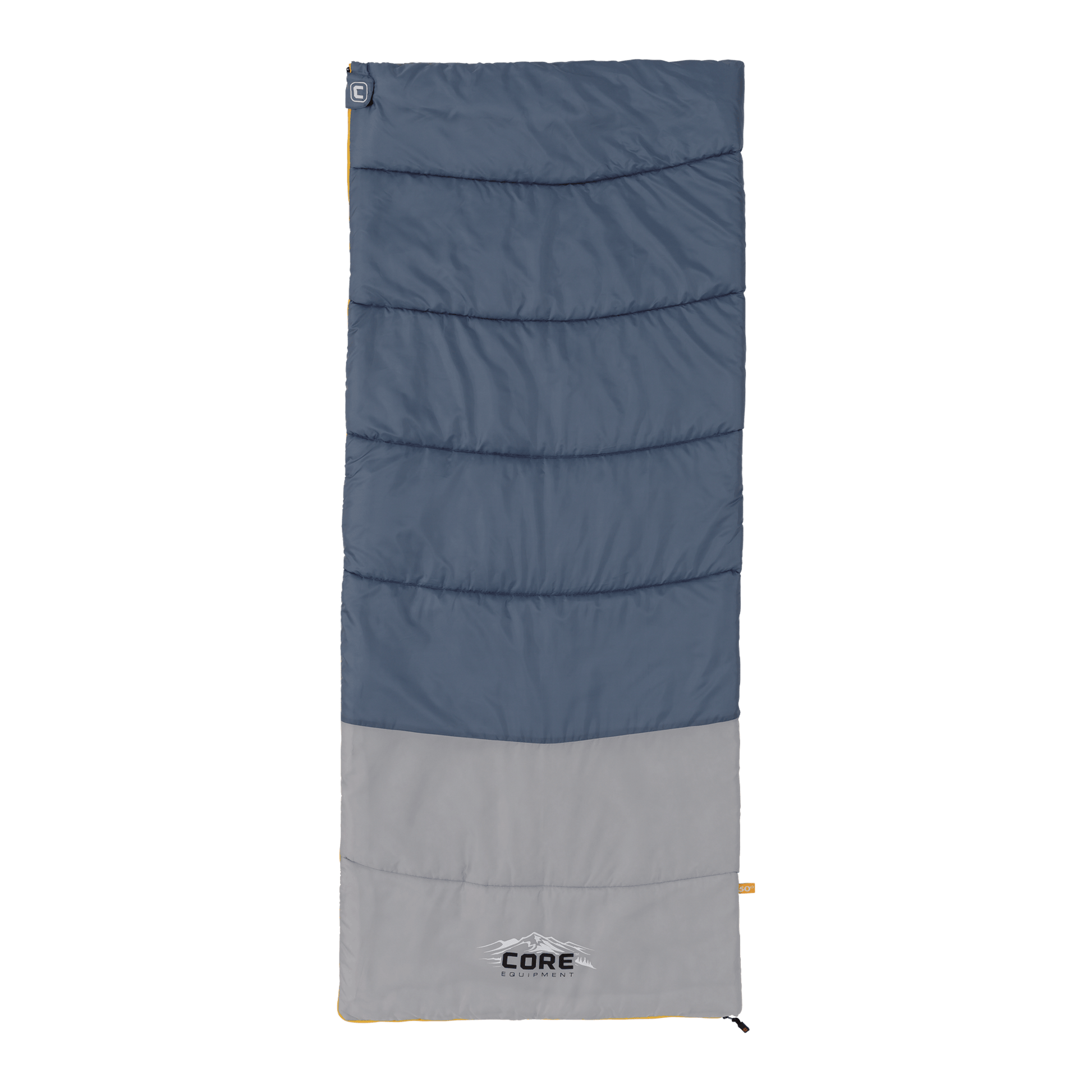 Blue and gray 50 degree sleeping bag with CORE logo 