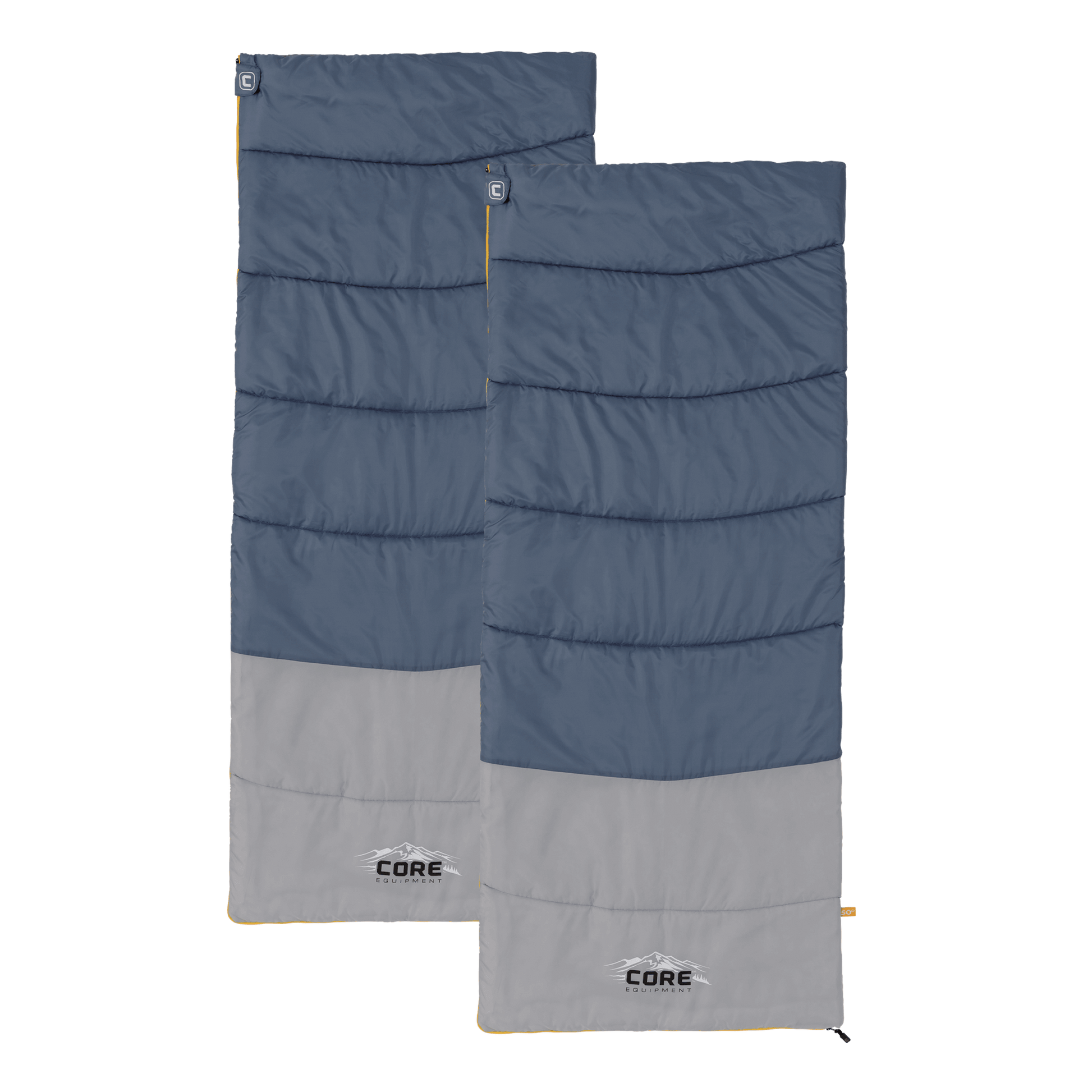 Two 50 Degree blue and gray sleeping bags with the CORE logo