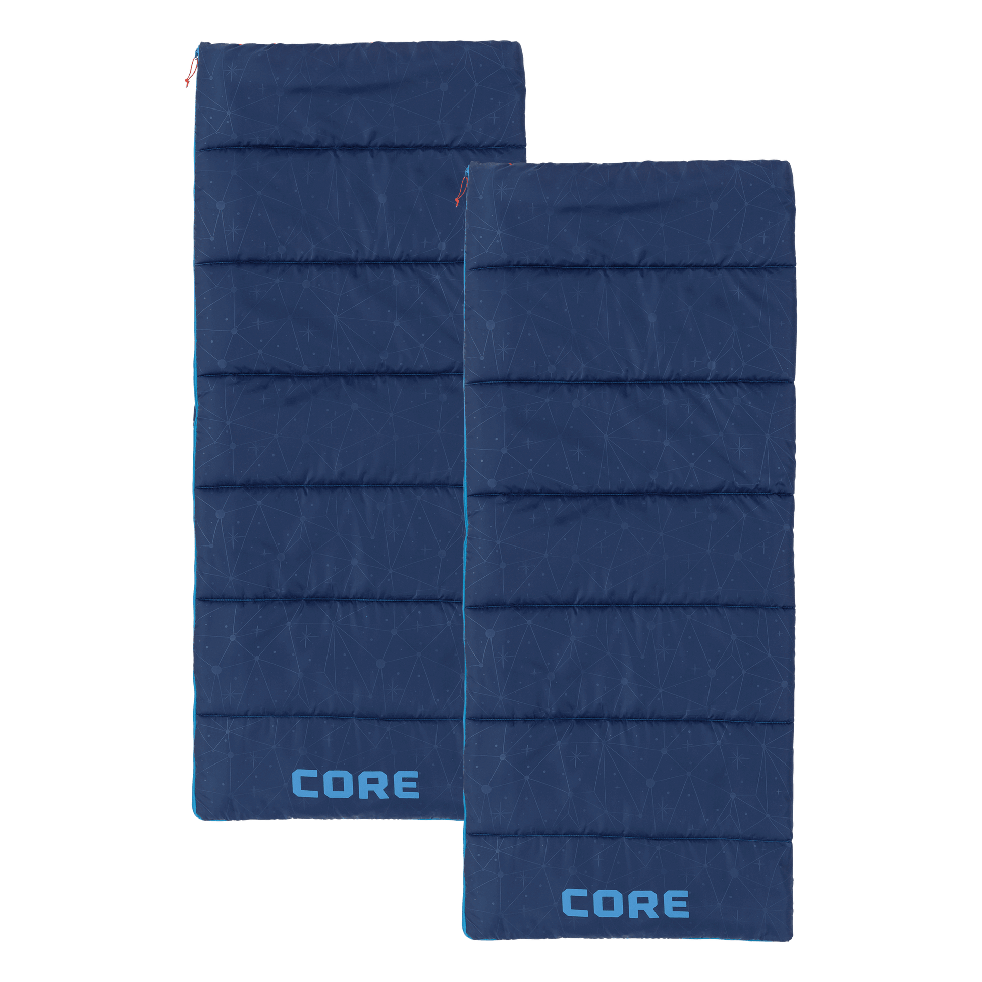 Two youth blue sleeping bags with 'CORE' branding