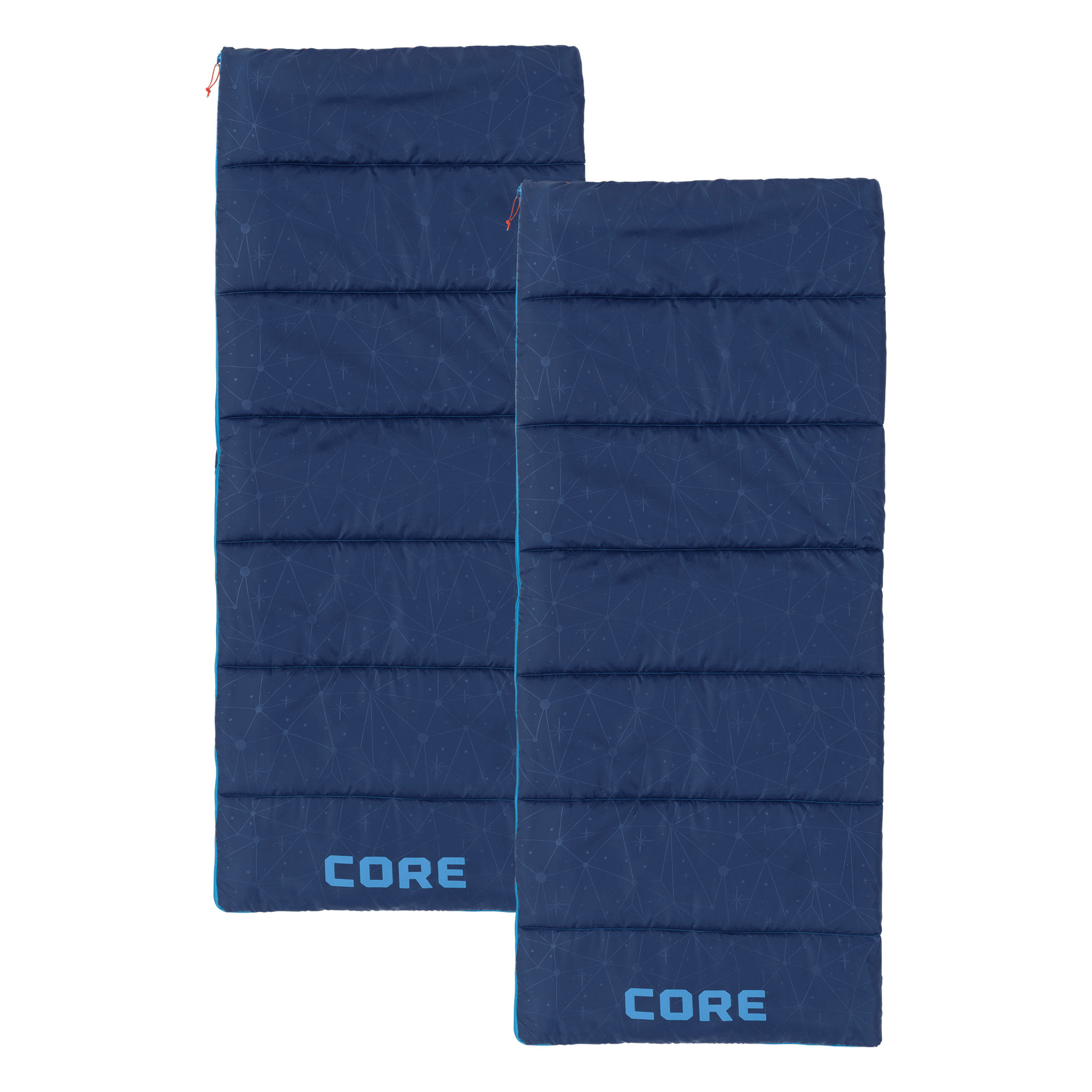 Two youth blue sleeping bags with 'CORE' branding