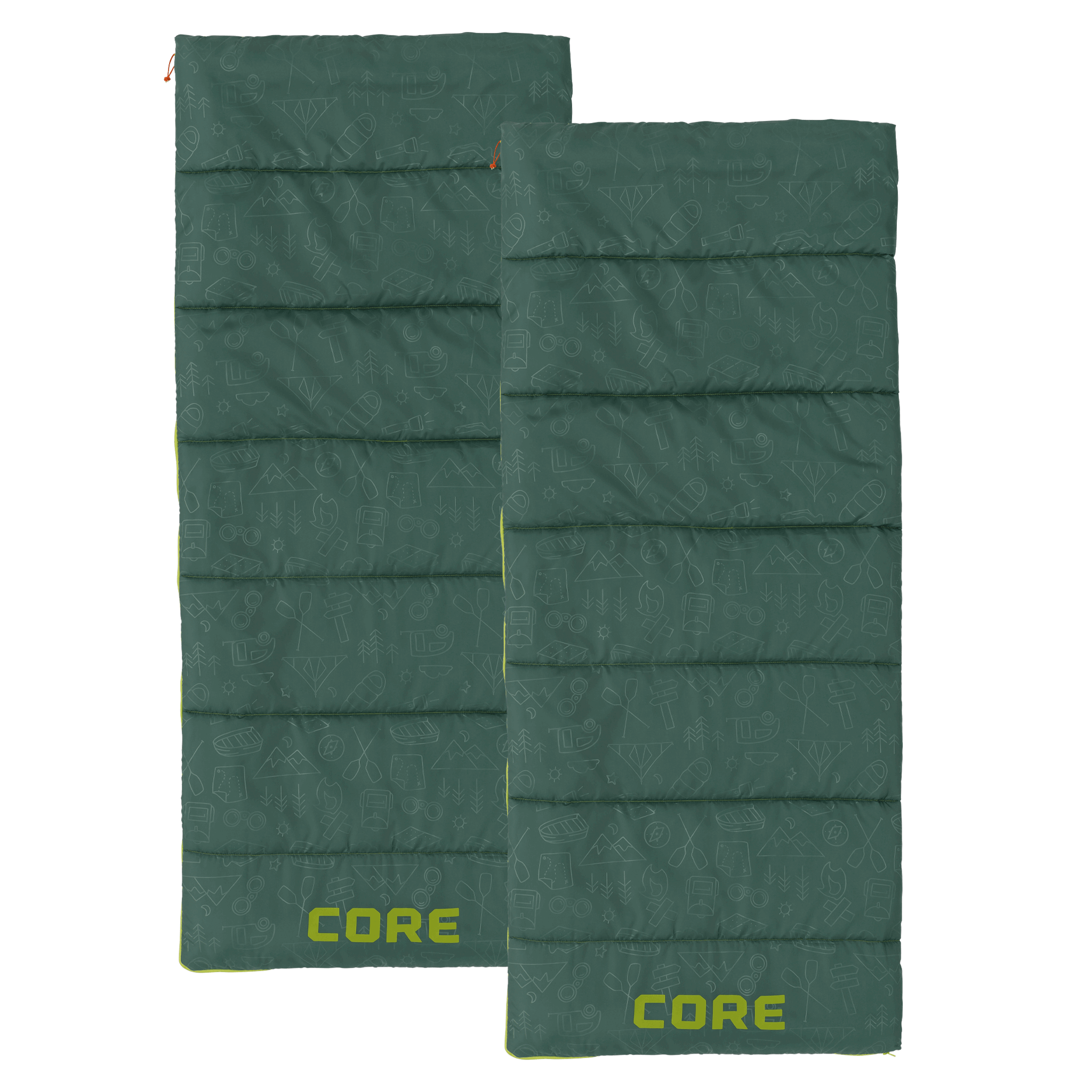 Green youth sleeping bag with 'CORE' branding 
