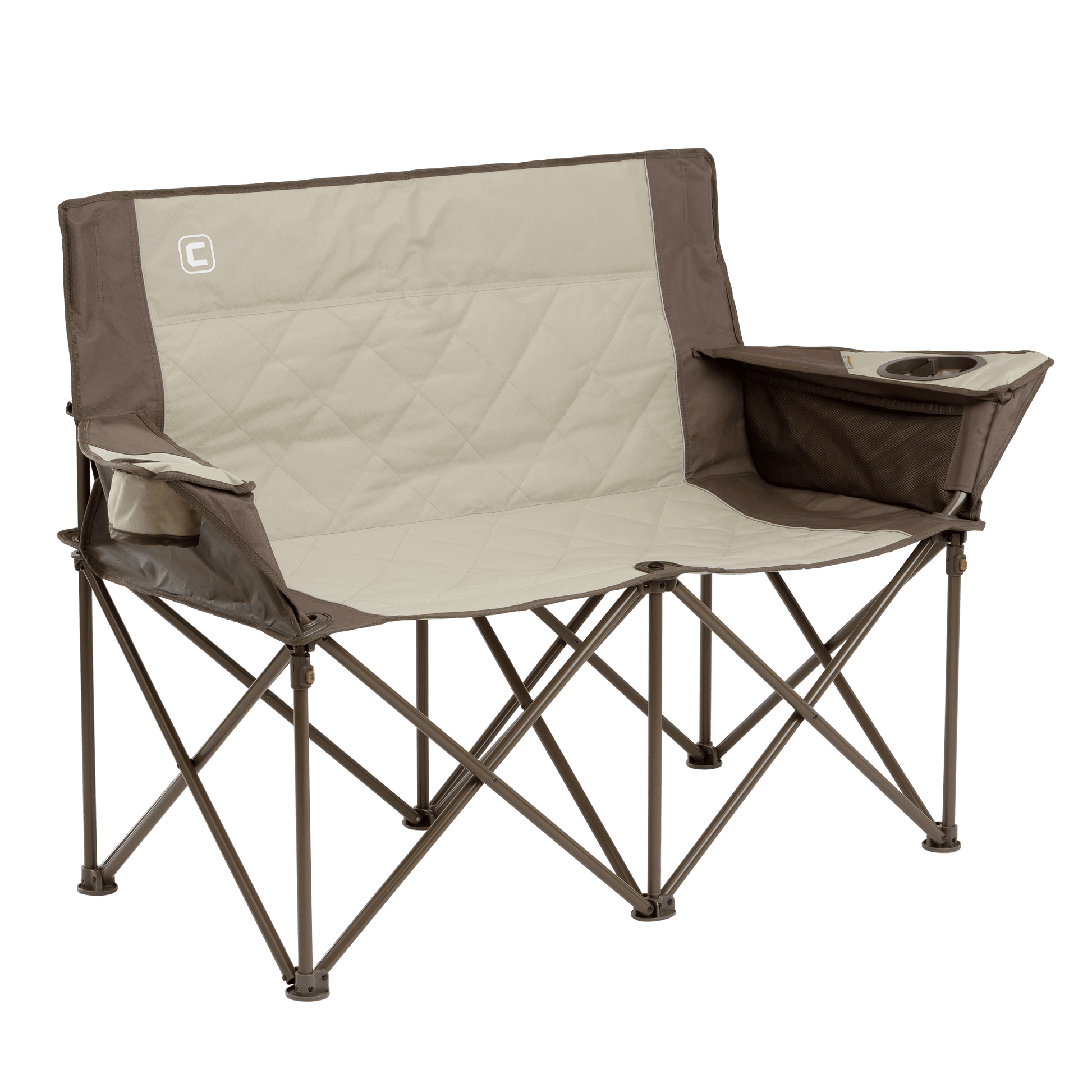 A portable double camping chair with a beige seat and backrest, brown edges, and a sturdy brown frame. The chair includes a drink holder on both armrests. Perfect for outdoor use, it's designed to accommodate two people comfortably while relaxing by the tent or campfire.
