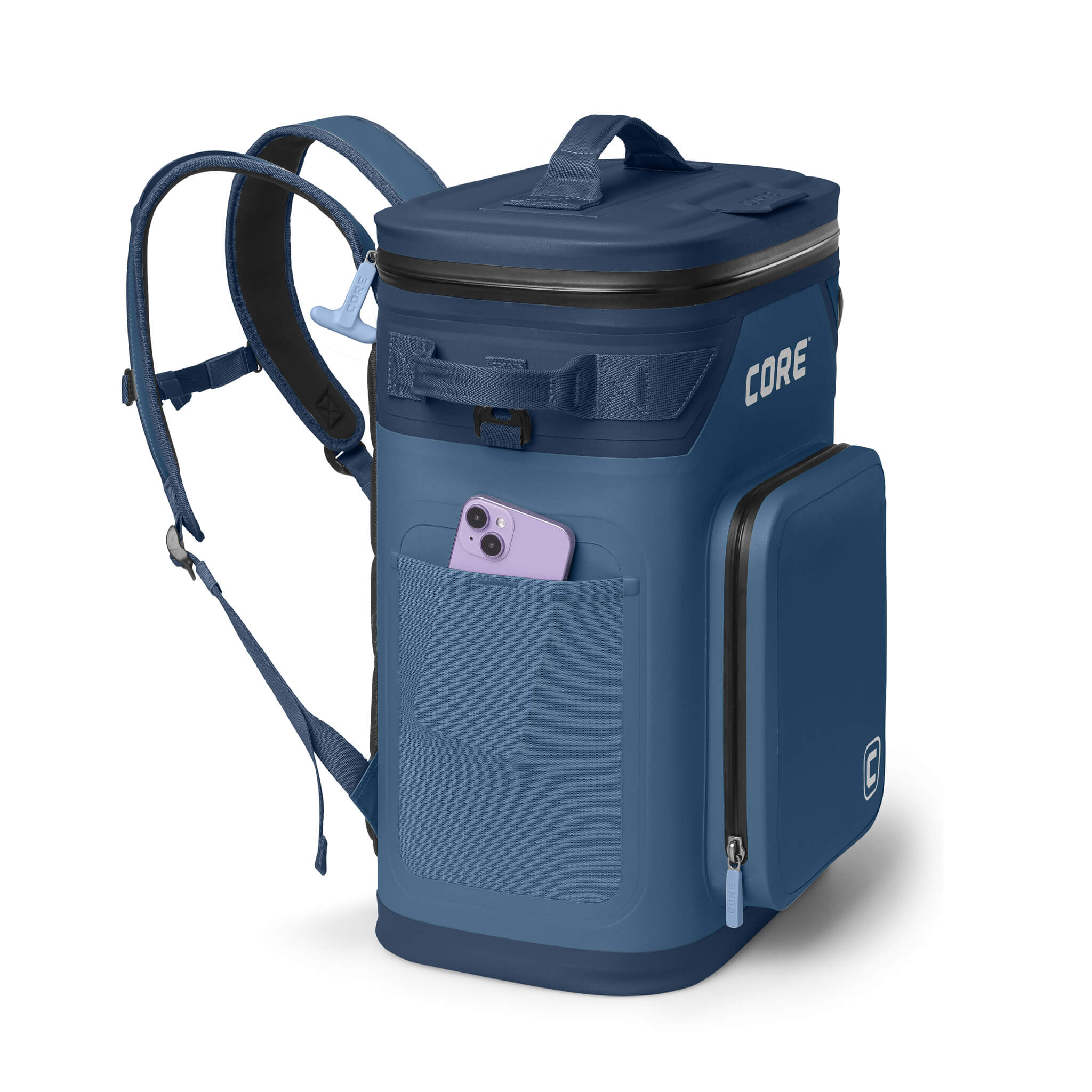 CORE Climakeep 24 Can Backpack in Navy with a mesh side pocket holding a phone and a waterproof build.