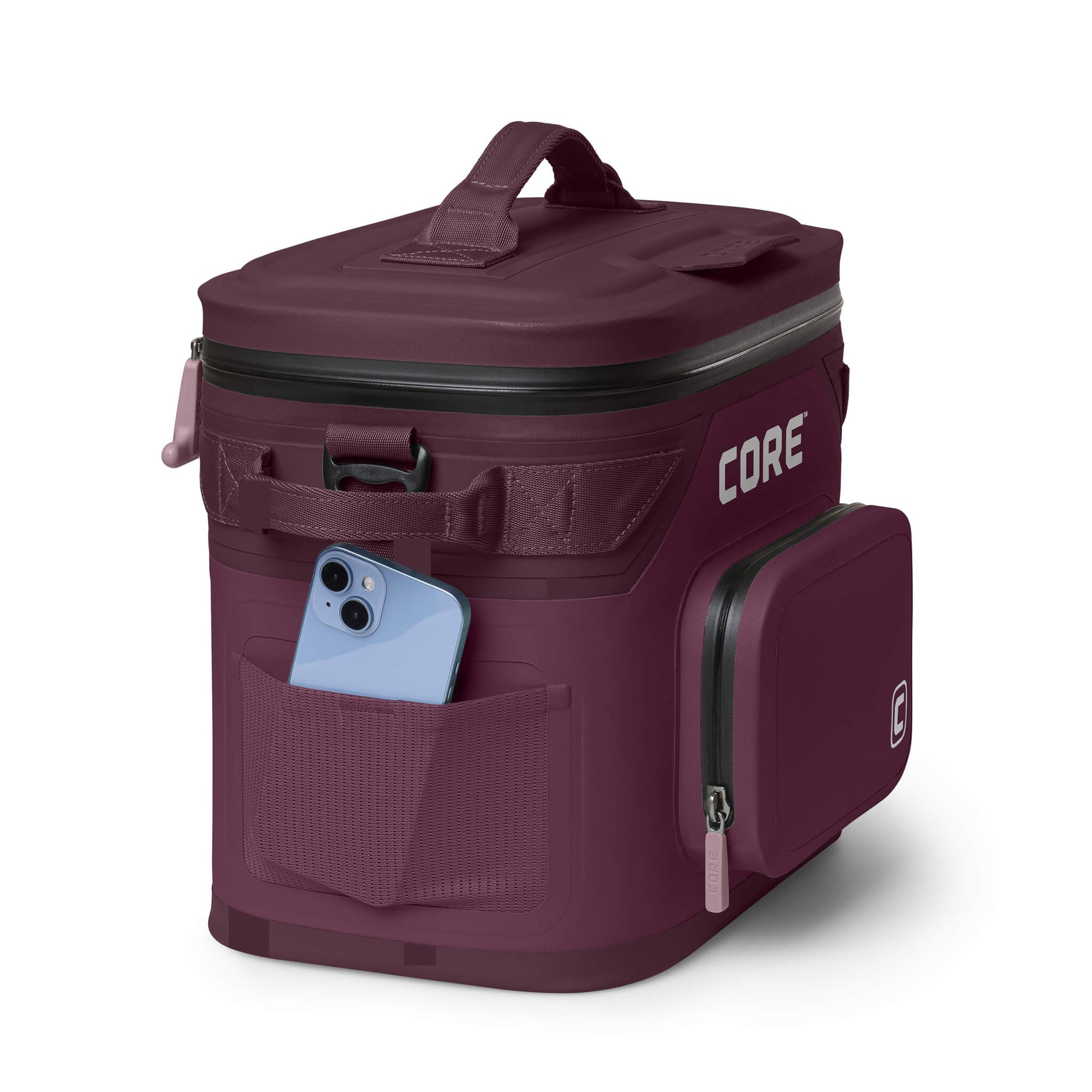 CORE Climakeep 12 can cooler in mulberry with a mesh side pocket holding a phone and a waterproof build.