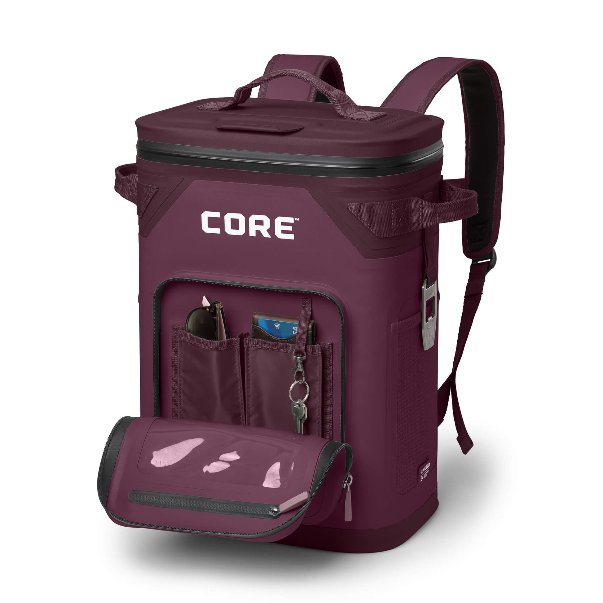 CORE Climakeep 24 Can Backpack in Mulberry with front pocket open, side bottle opener, and waterproof design.