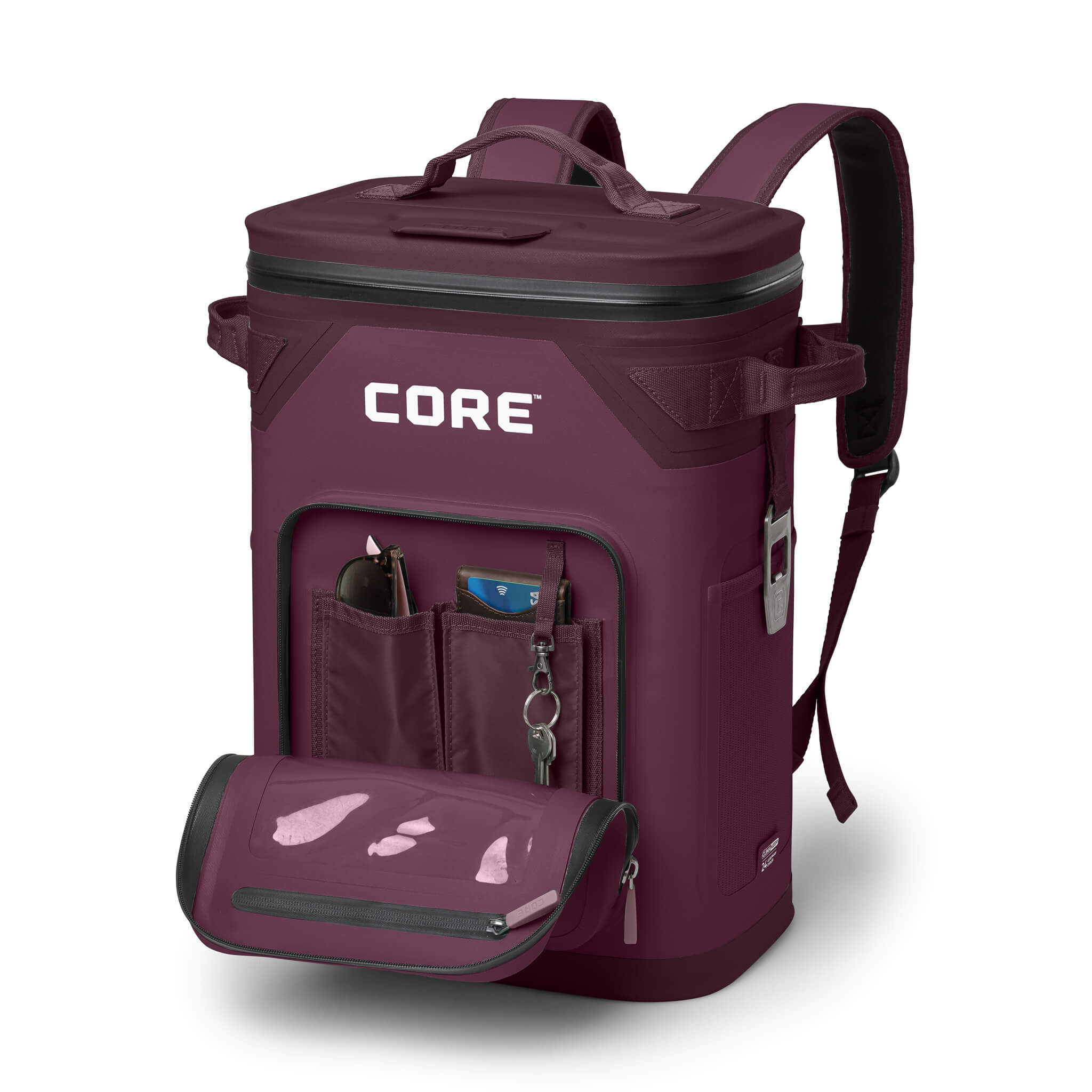 CORE Climakeep 24 Can Backpack in Mulberry with front pocket open, side bottle opener, and waterproof design.