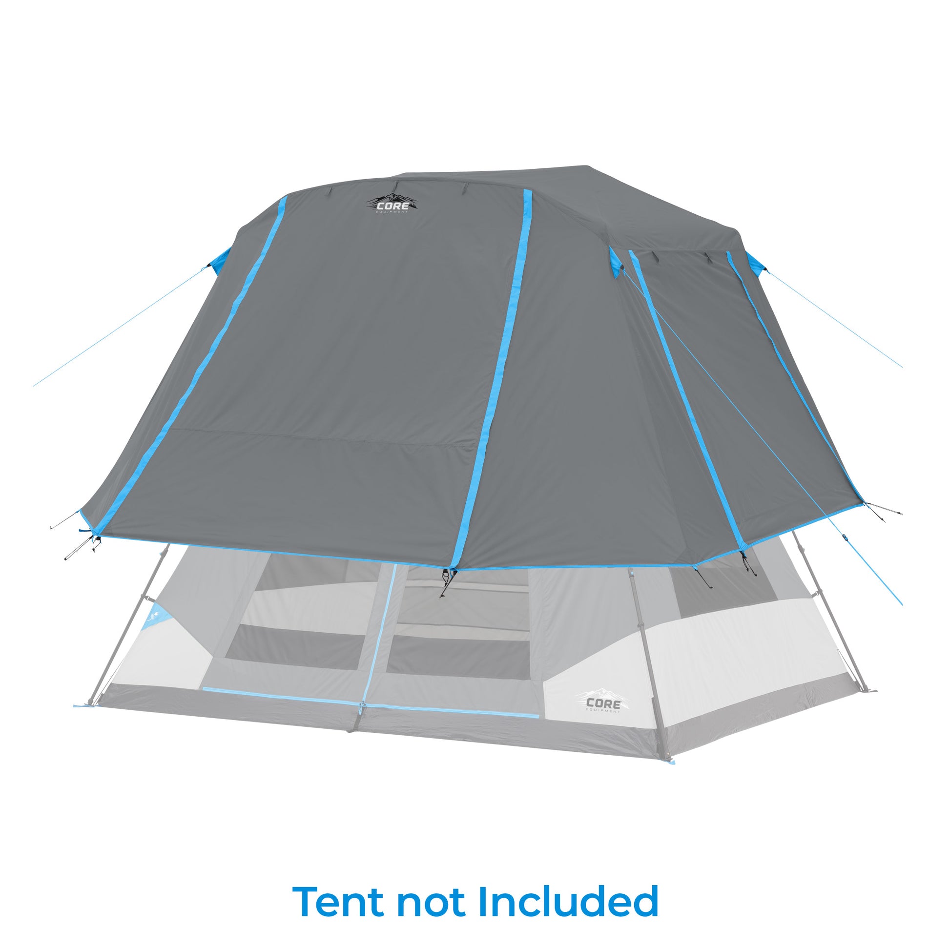 Grey full rainfly with blue accents over a tent body with the text "Tent not included" 