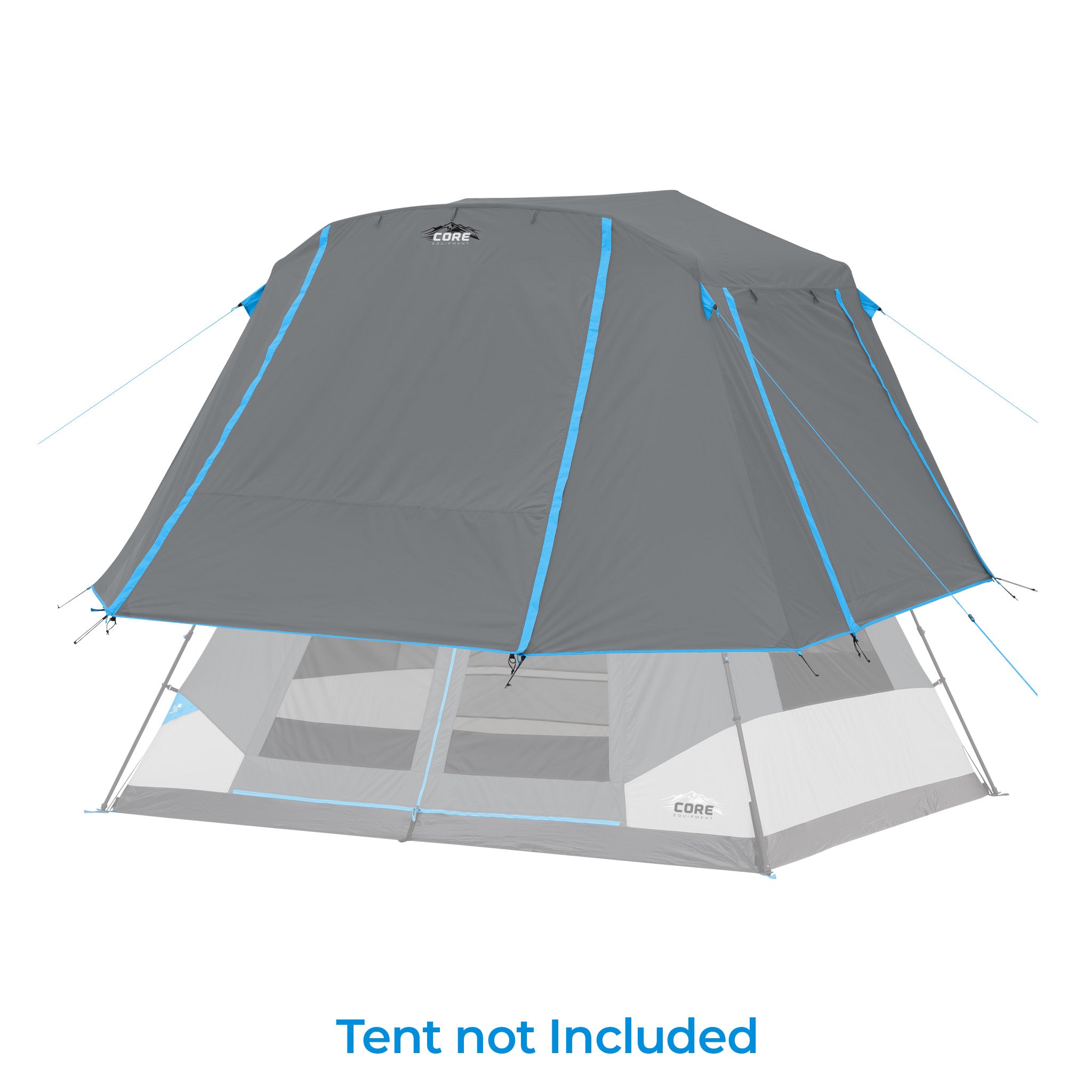 Grey full rainfly with blue accents over a tent body with the text "Tent not included" 
