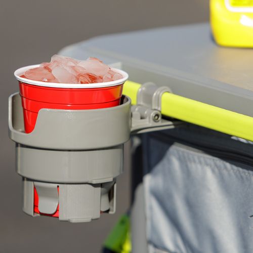 CORE FlexRail cup holder attached to camping table holding a red cup with ice, highlighting modular outdoor beverage storage system
