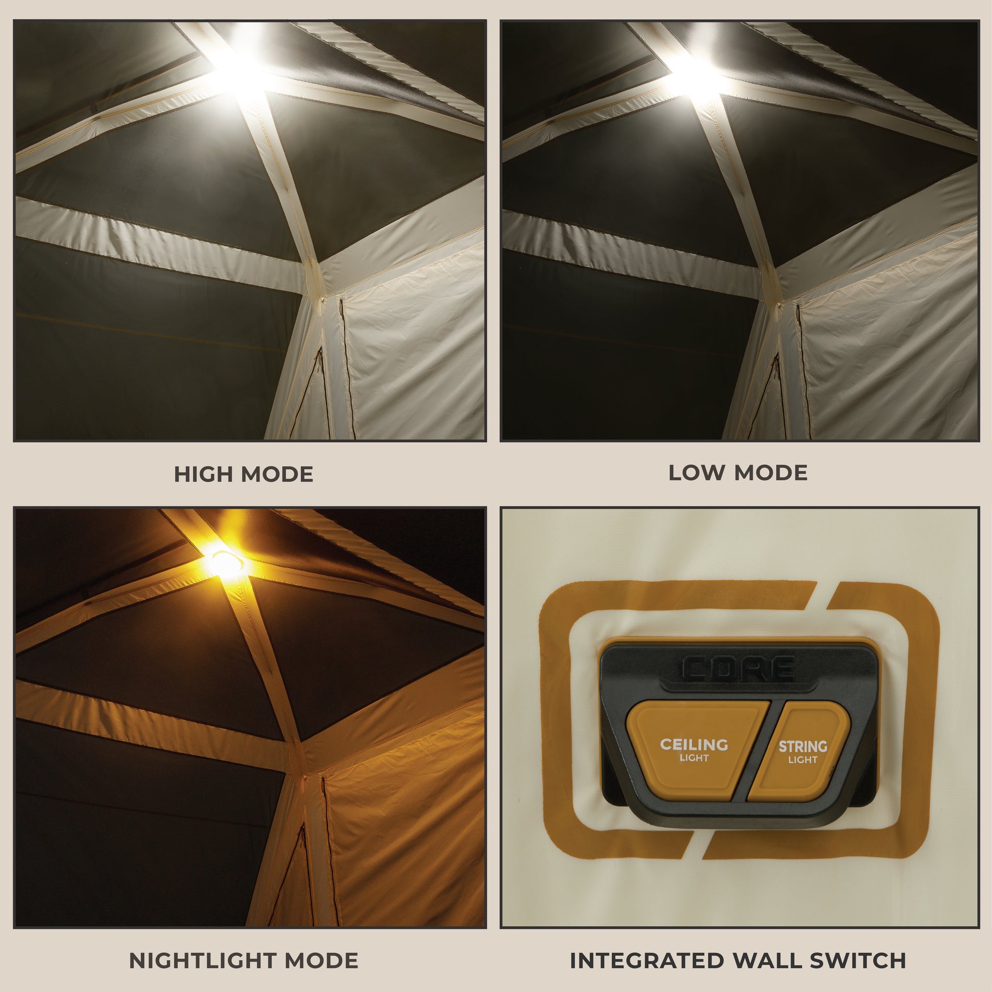Four images show the CORE 6 Person Instant Cabin Pyramid camping tent's lighting modes: high, low, and nightlight. A close-up of the wall switch is labeled "Ceiling Light" and "String Light" with CORE branding, ideal for outdoor adventures.