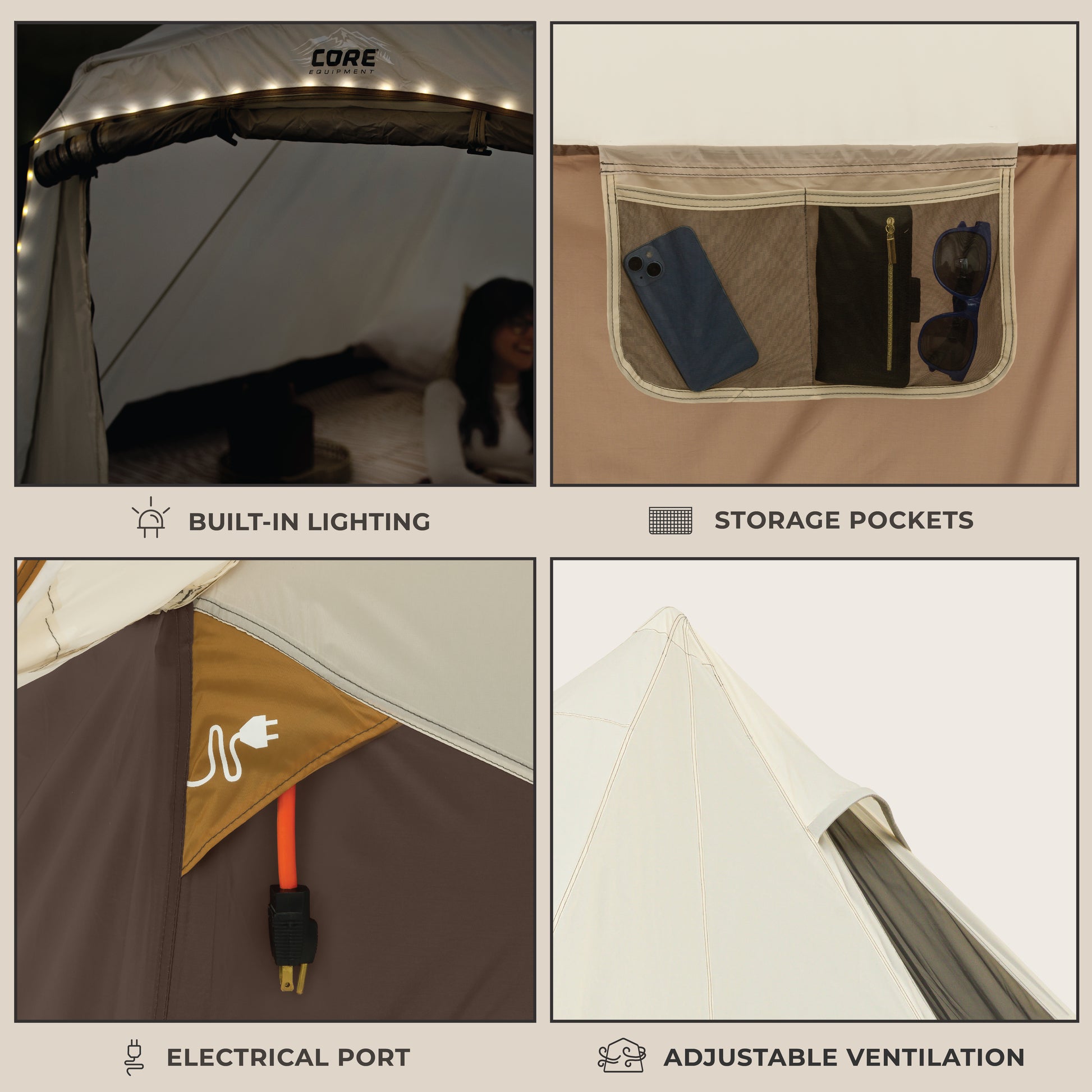 A collage shows the outdoor 6 person bell camping tent features: built-in lighting, mesh storage pockets with items, an external electrical port, and adjustable roof ventilation.