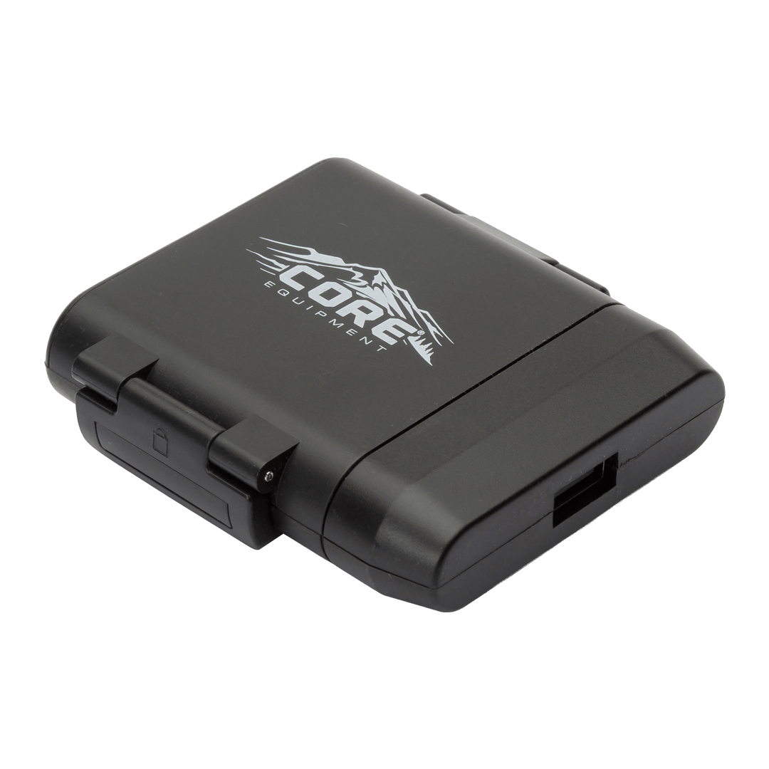Black battery compartment with USB port. labeled with "Core Equipment" Brand 