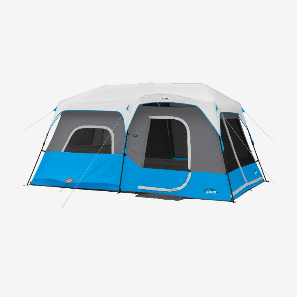 Blue and gray CORE 9 Person Lighted Instant Cabin camping tent