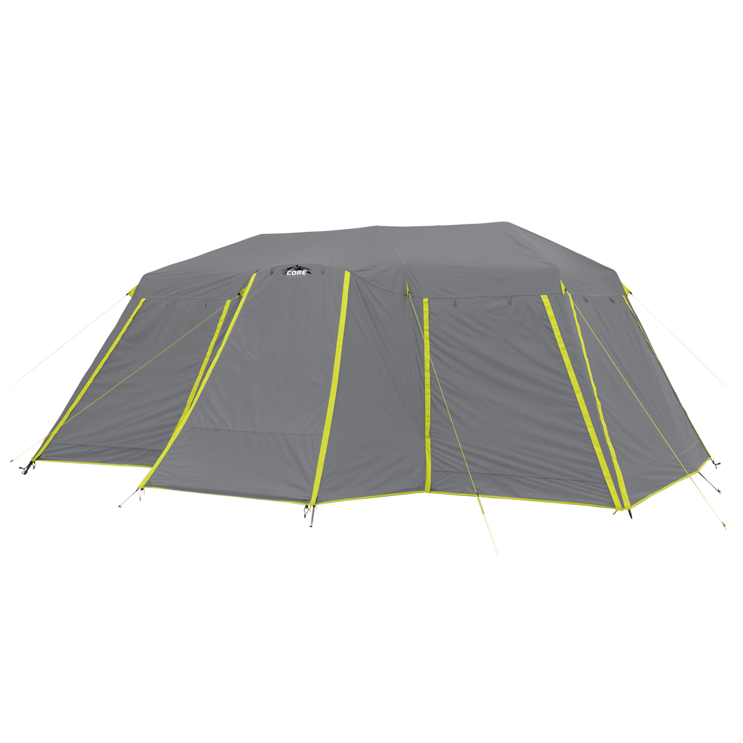 Gray 12 person tent rainfly with green accents on a black background