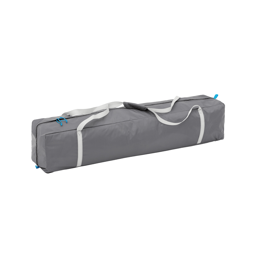 grey carry bag with white straps and blue pull tabs